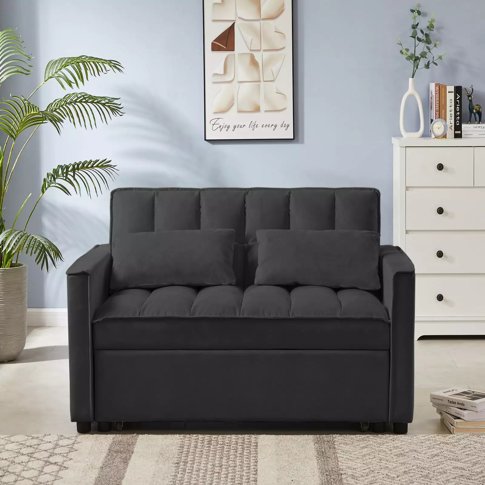 Modern Black Velvet Loveseat Sofa Bed. Comfortable Convertible Couch with Tufted Back Design and Square Arms. Ideal for Living Rooms. Guest Rooms. and Small Spaces