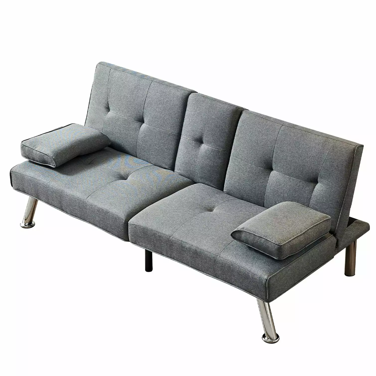 Modern Folding Recliner with Removable Armrests and 2 Cup Holders. Linen Fabric Futon Couch Bed with Sturdy Metal Legs and 3 Angles. Sleeper Reversible Loveseat for Livingroom Bedroom Office. Grey