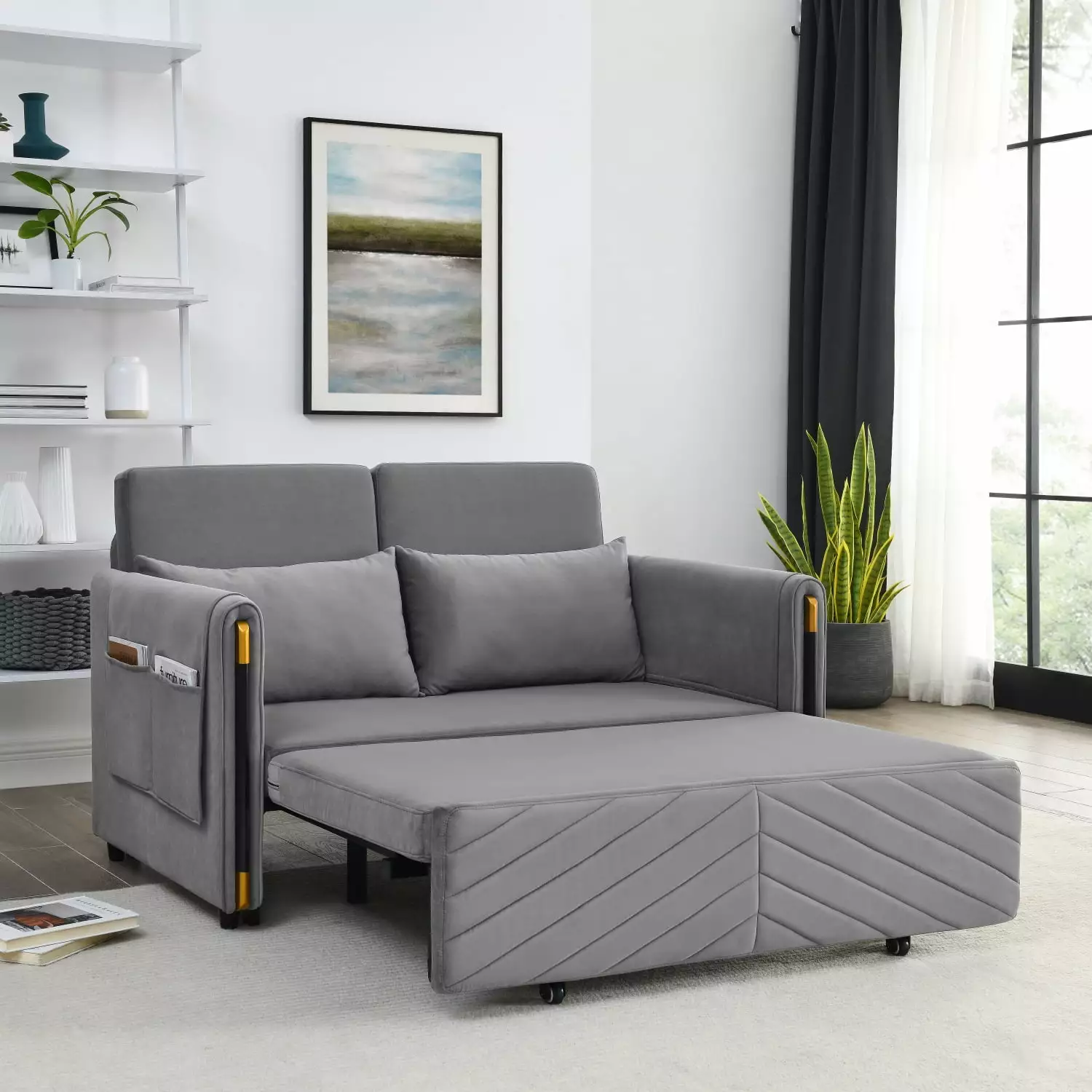 Modern Grey MH 54 Convertible Sofa Bed with Adjustable Multi-position Velvet Loveseat. Pull Out Bed with Bedhead 2 Detachable Arm Pockets 2 Pillows for Living Room Comfort.