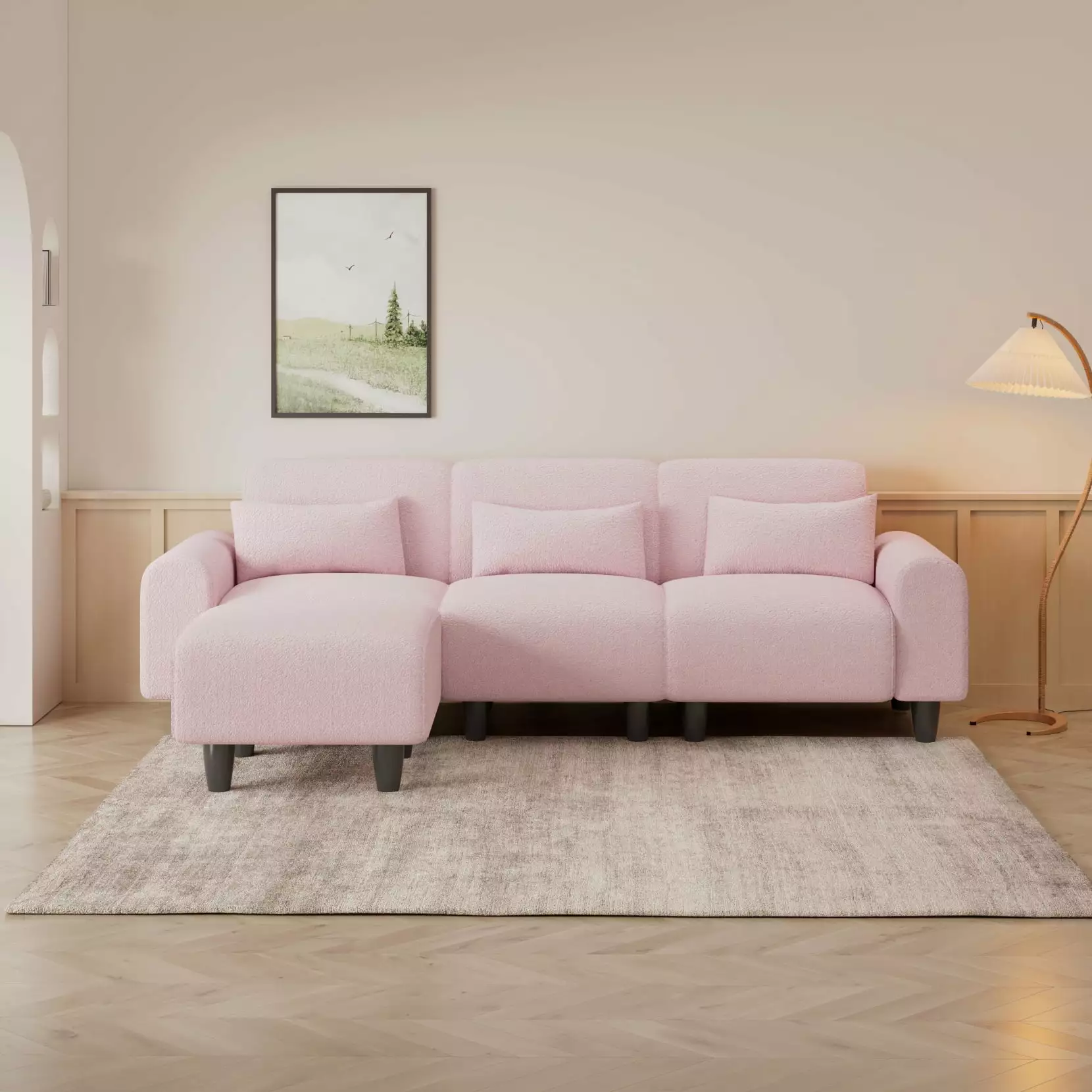 Modern L-Shape Sectional Sofa 3-Seat . Teddy Chaise Lounge Sofa Couch with 3 Waist Pillows. Sofa Sleeper Comfy Upholstered Furniture for Living Room. Apartment. Studio. Pink