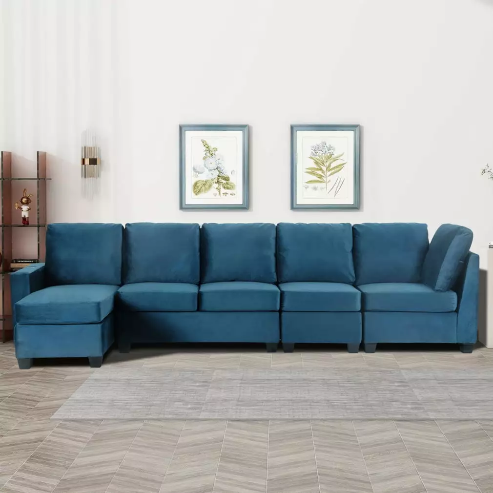 Modern L Shape Sectional Sofa.6-seat Velvet Fabric Couch with Convertible Chaise Lounge and 2 Charging Oorts.Freely Combinable Sofa Couch for Living Room.Apartment.Office.Navy