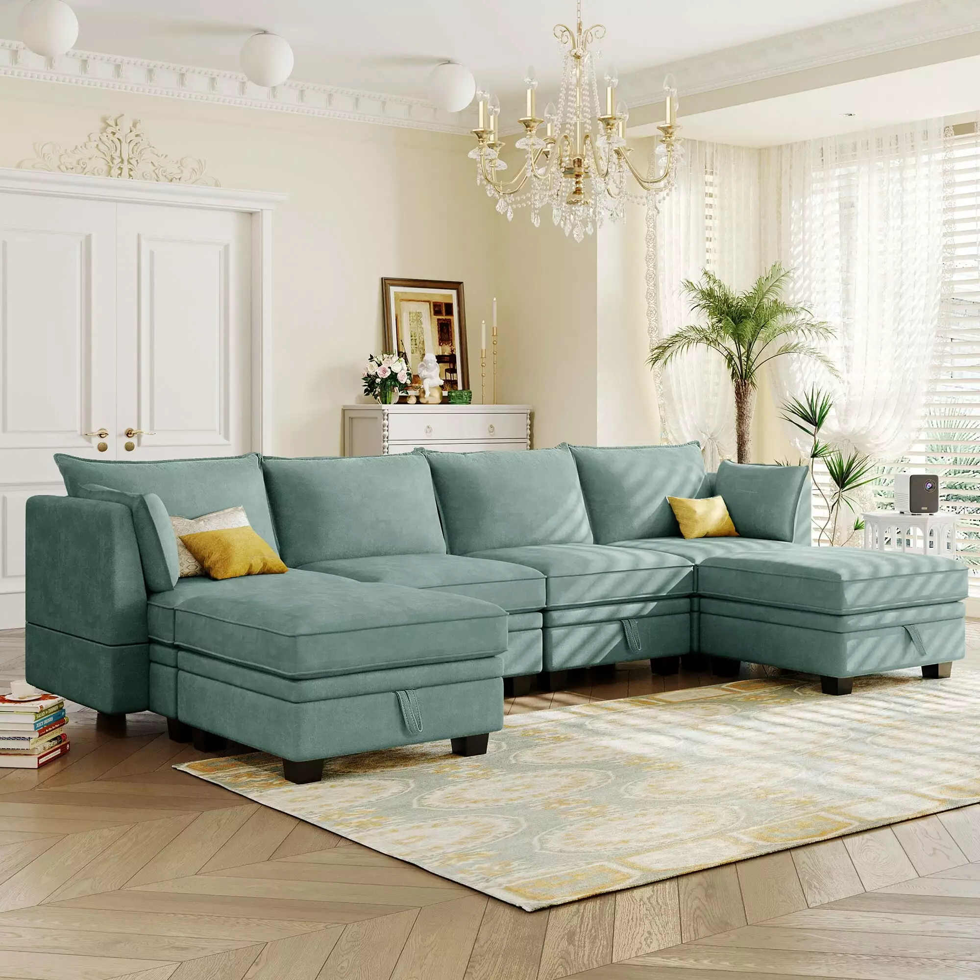 Modern Large Convertible U-Shape Modular Sectional Sofa with Reversible Chaise Light Green