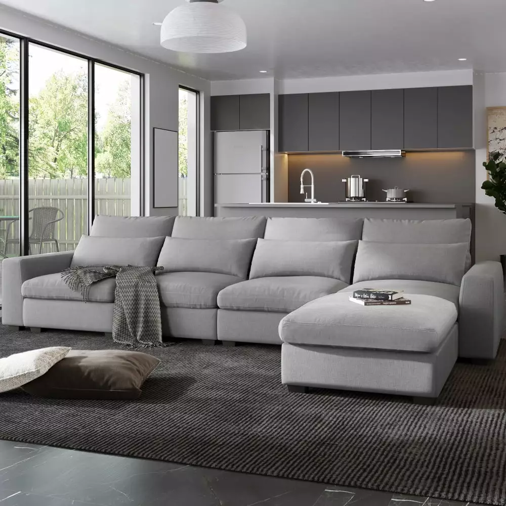 Modern Large L-Shape Feather Filled Sectional Sofa. Convertible Sofa Couch with Reversible Chaise for Living Room