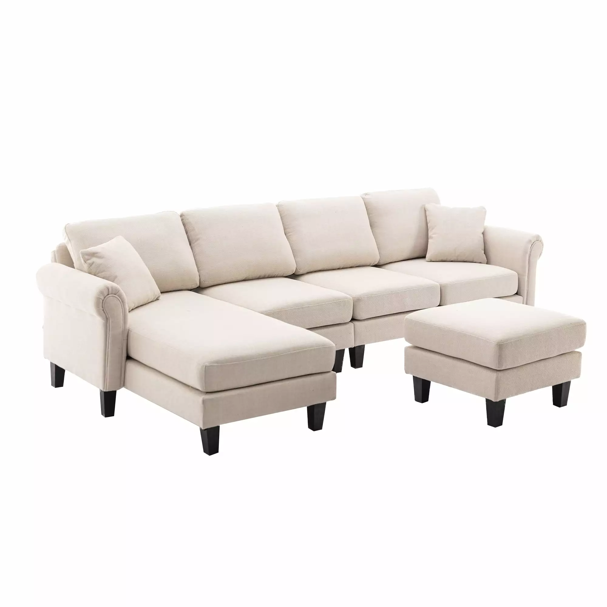 Modern Large Linen Fabric U-Shape Accent Sofa. Modular Couch 4-Seat Sofa Sectional with Reversible Ottomans for Apartment Living Room Furniture Sets. Weight Capacity 800 LBS. Beige