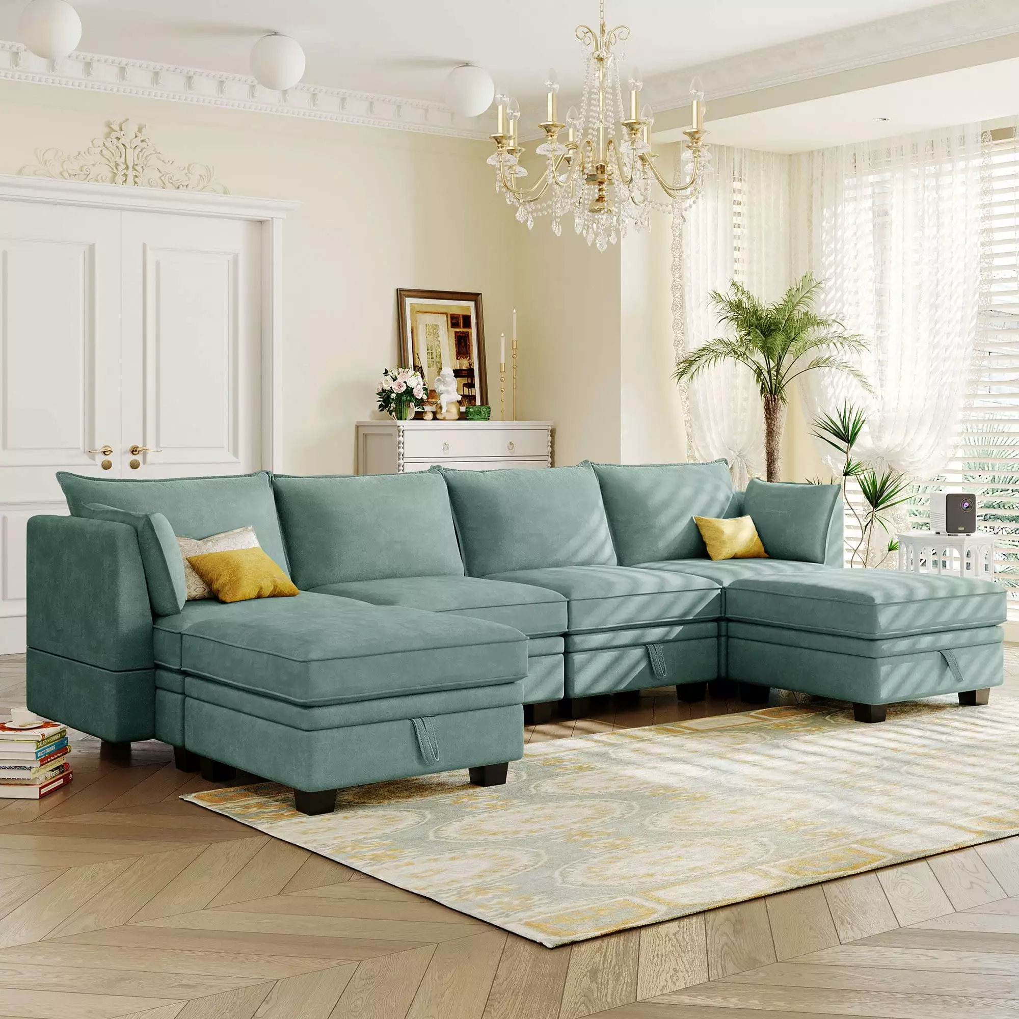 Modern Large U-Shape Modular Sectional Sofa. Convertible Sofa Bed With Reversible Chaise For Living Room. Storage Seat