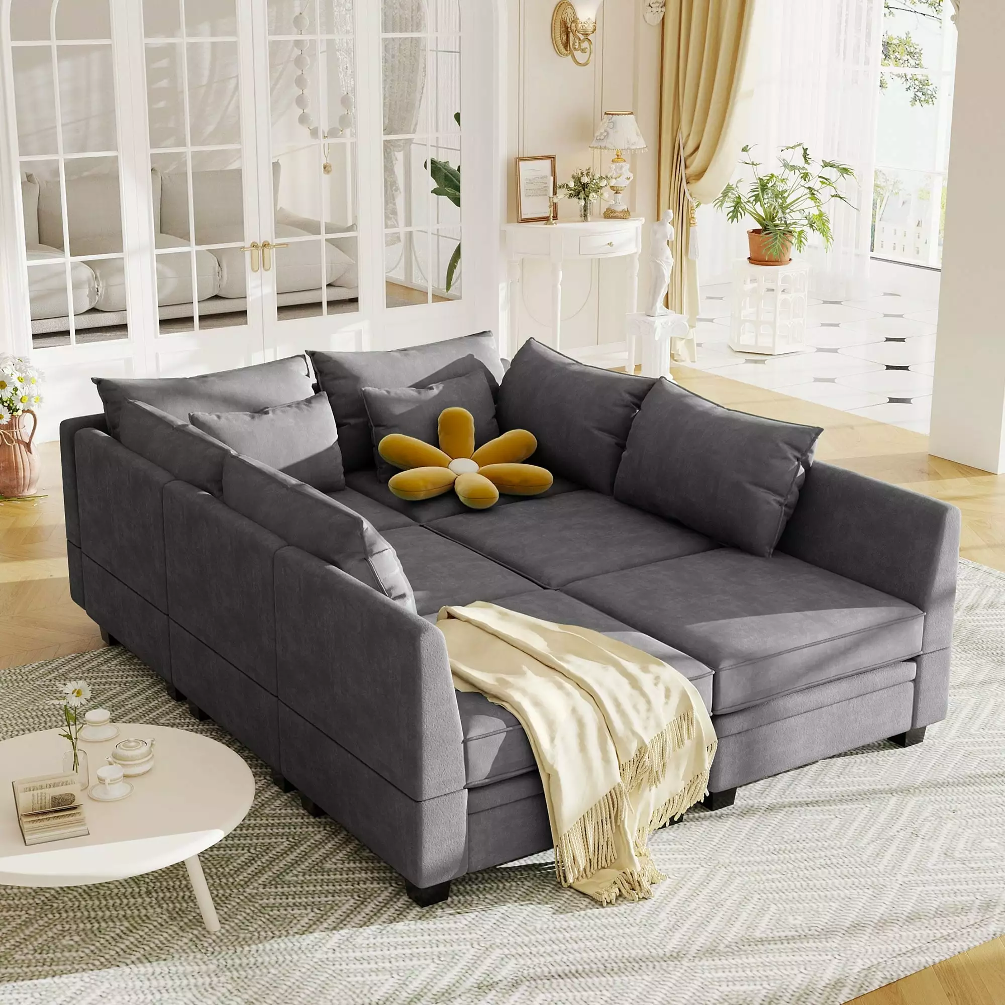 Modern Large U-Shape Modular Sectional Sofa. Convertible Sofa Bed with Reversible Chaise for Living Room. Storage Seat