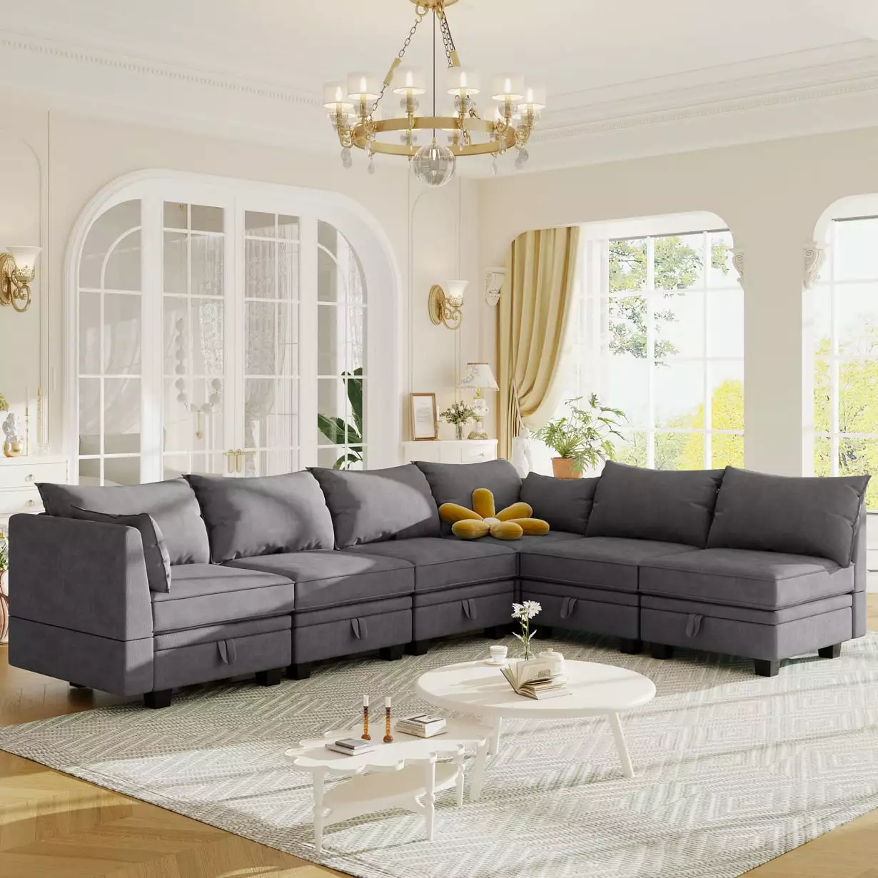 Modern Large U-Shape Modular Sectional Sofa. Sectional Sofa Couch with Storage Seat. Convertible Sofa Bed with Reversible Chaise for Living Room Bedroom Furniture Sets. Dark Gray