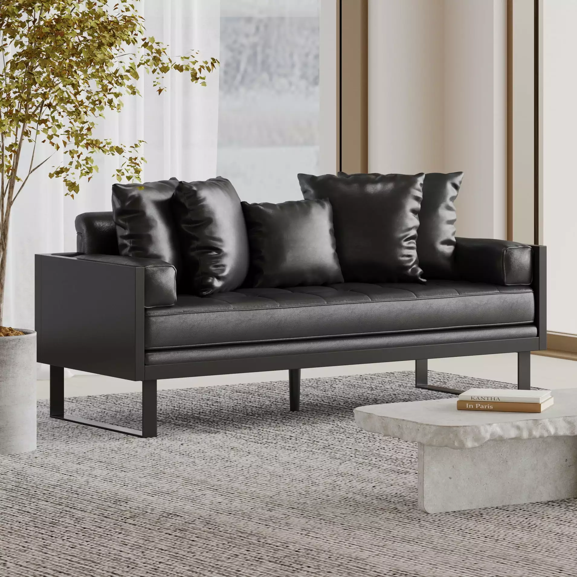 72.5'' Modern PU Sofa. Couch with Comfy Pillows. Iron Sled Legs Support. Loveseat for Living Room. Small Space. Black