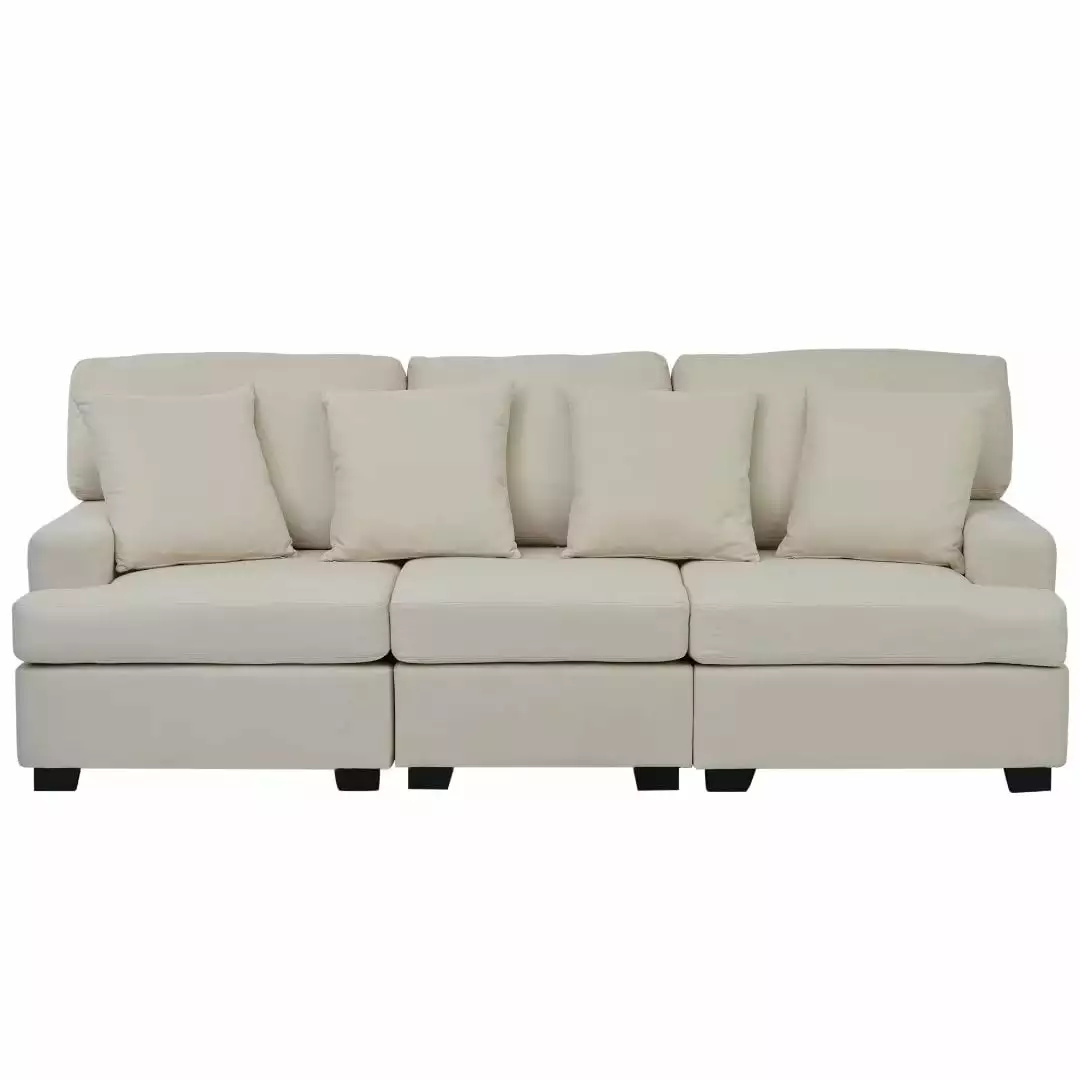 Modern Linen Sofa with Movable Back and Seat Cushions. 3-Seater Sofa Couch with 4 Throw Pillows. Comfy Loveseat Sofa with Plastic Legs for Living Room. Bedroom. Beige