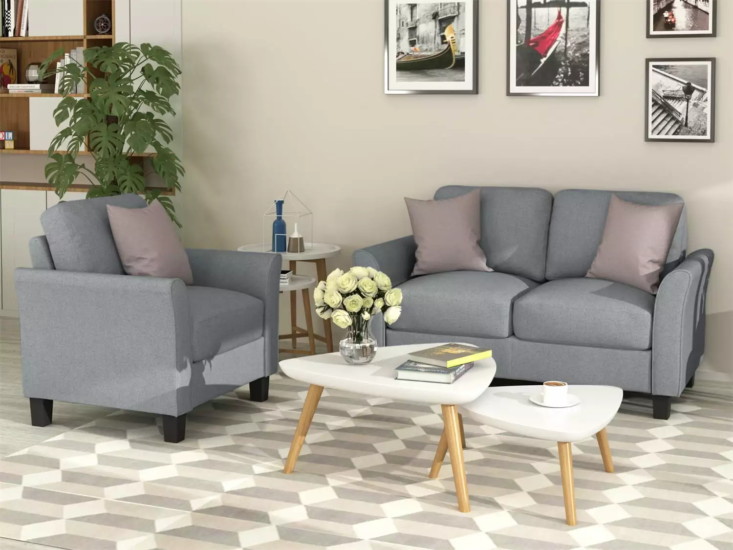 Modern Living Room Couch. Upholstered Sofa Set with Loveseat and Armchair. Loveseat: 53.7''L x 29''W x 33''H. Armchair: 31.1''L x 29''W x 33''H. Gray