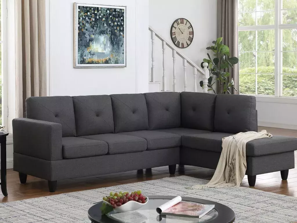 Modern Living Room L-shape Sofa Dark Gray Lenin Upholstery 2pc Sectional Sofa Chaise Tufted Back