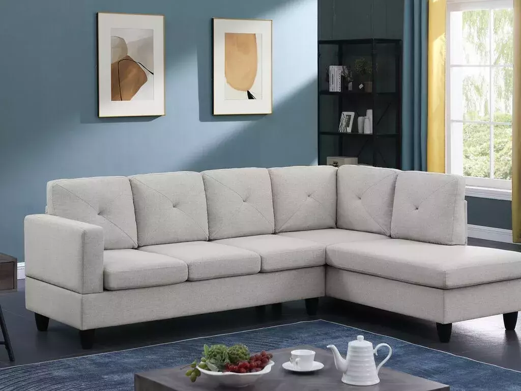 Modern Living Room L-shape Sofa Light Gray Lenin Upholstery 2pc Sectional Sofa Chaise Tufted Back