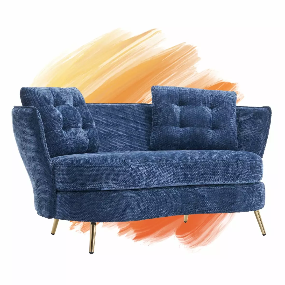 Modern Loveseat Sofa. Luxurious Upholstered Loveseat Sofa with 2 Soft Pillows and Golden Metal Legs. Deep Seat Couch for Living Room Bedroom Apartment Small Space Dorm. Space-Saving. Blue