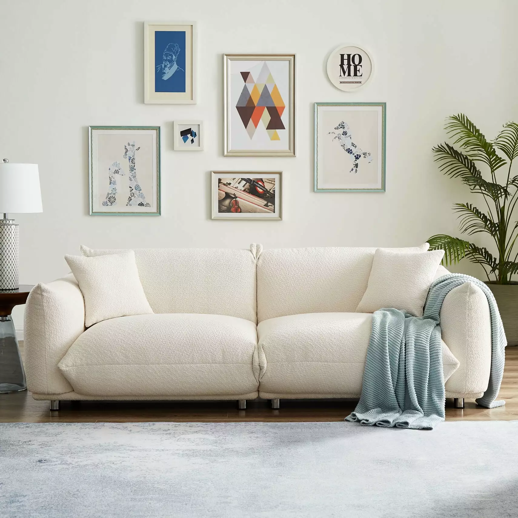 Modern Oversized Loveseat with 2 Pillows. Upholstered Futon Sofa with Metal Legs. Solid Wood Frame Couch for Living Room. Apartment. Office. White