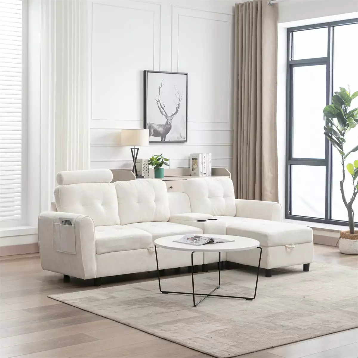 Modern Sectional Sofa. L-Shaped Sofa with Stoarge Chaise. Upholstered Corner Couch with Cup Holder and Side Pocket. Accent Sofa for Living Room. Office. Apartment. White