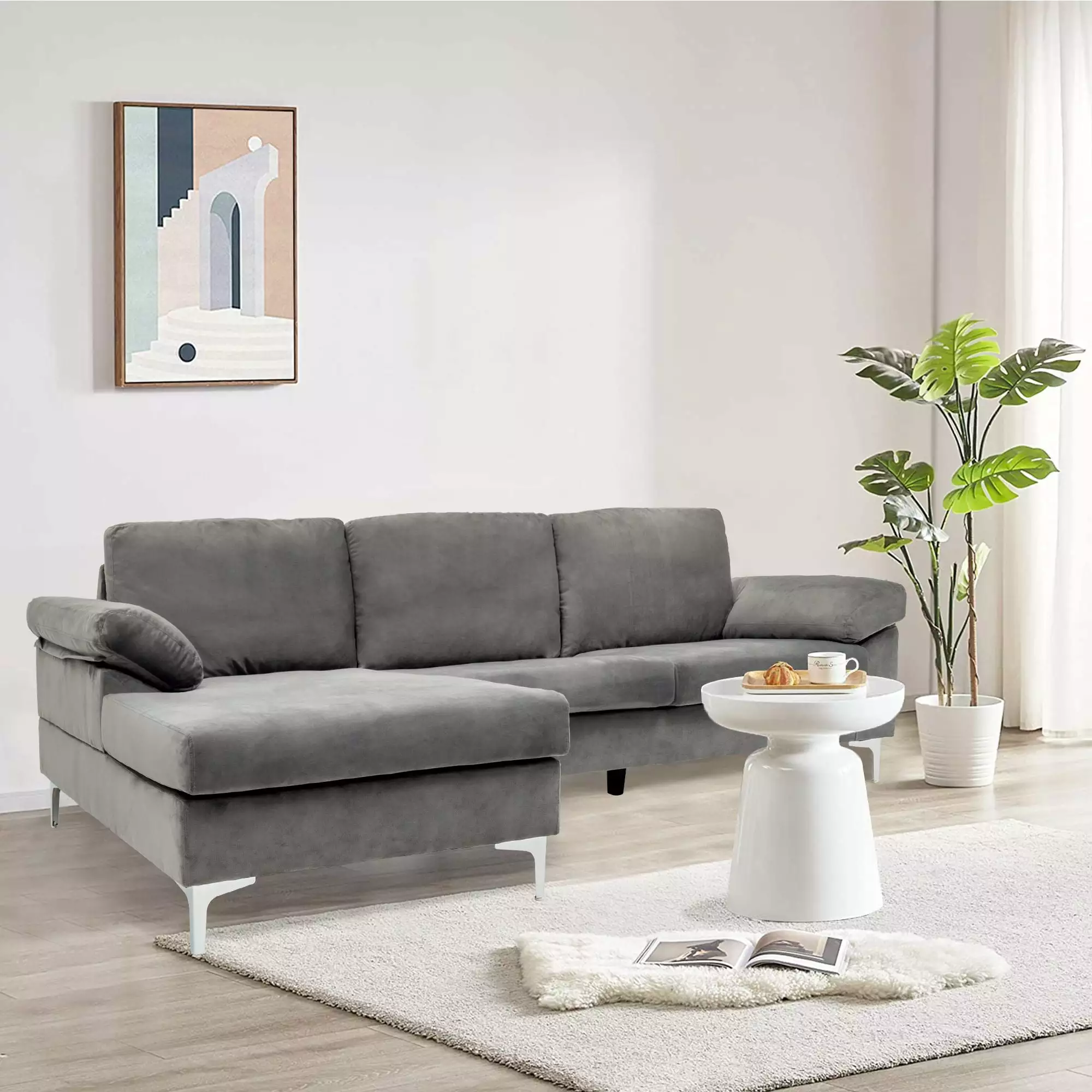 Modern Sectional Sofa L-Shaped Velvet Large Couch with Extra Wide Chaise Lounge Grey