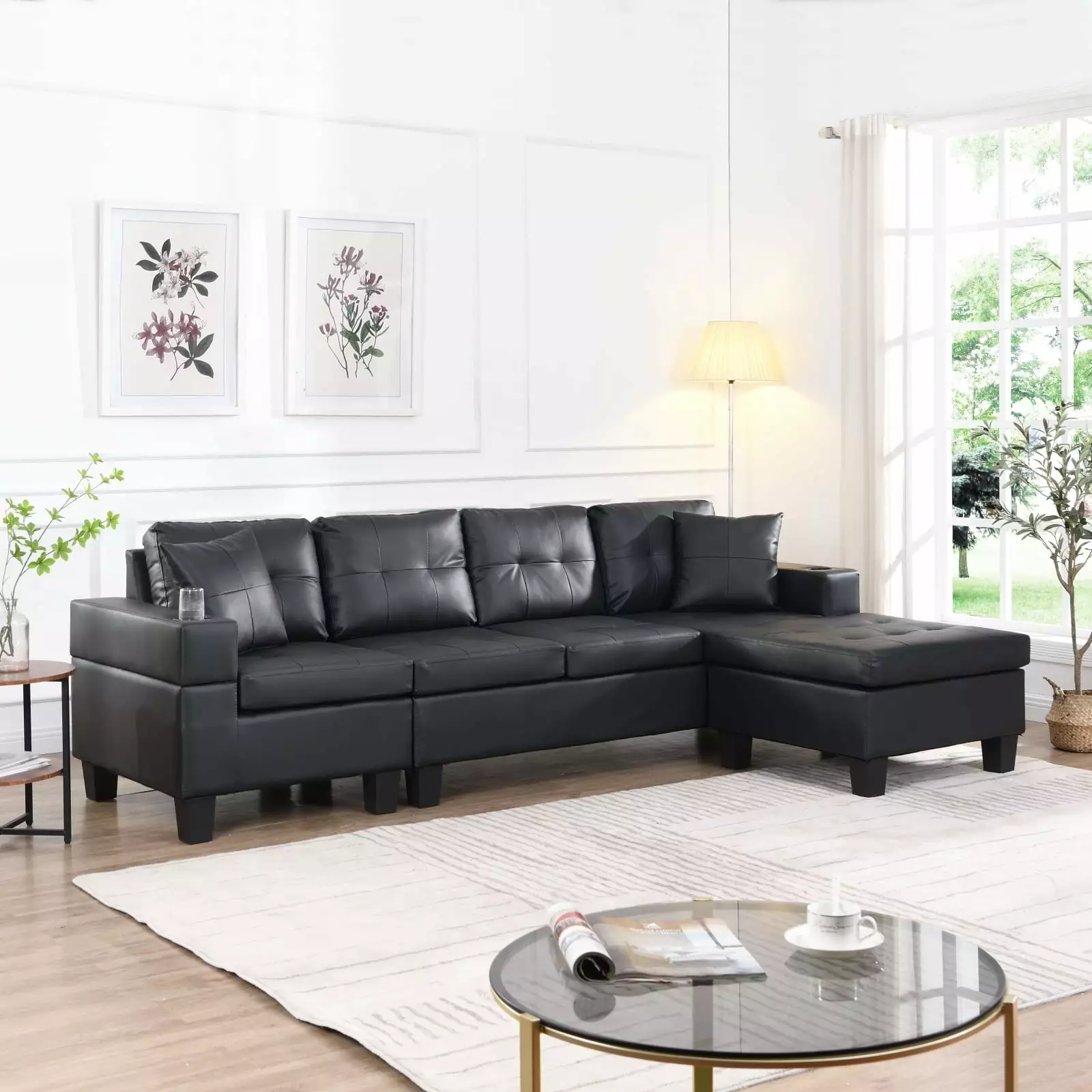 Modern Sectional Sofa Set. L-Shaped Chaise Lounge with Cup Holder. 4 Seats in Black - Perfect for Living Room. Comfortable and Sleek Design