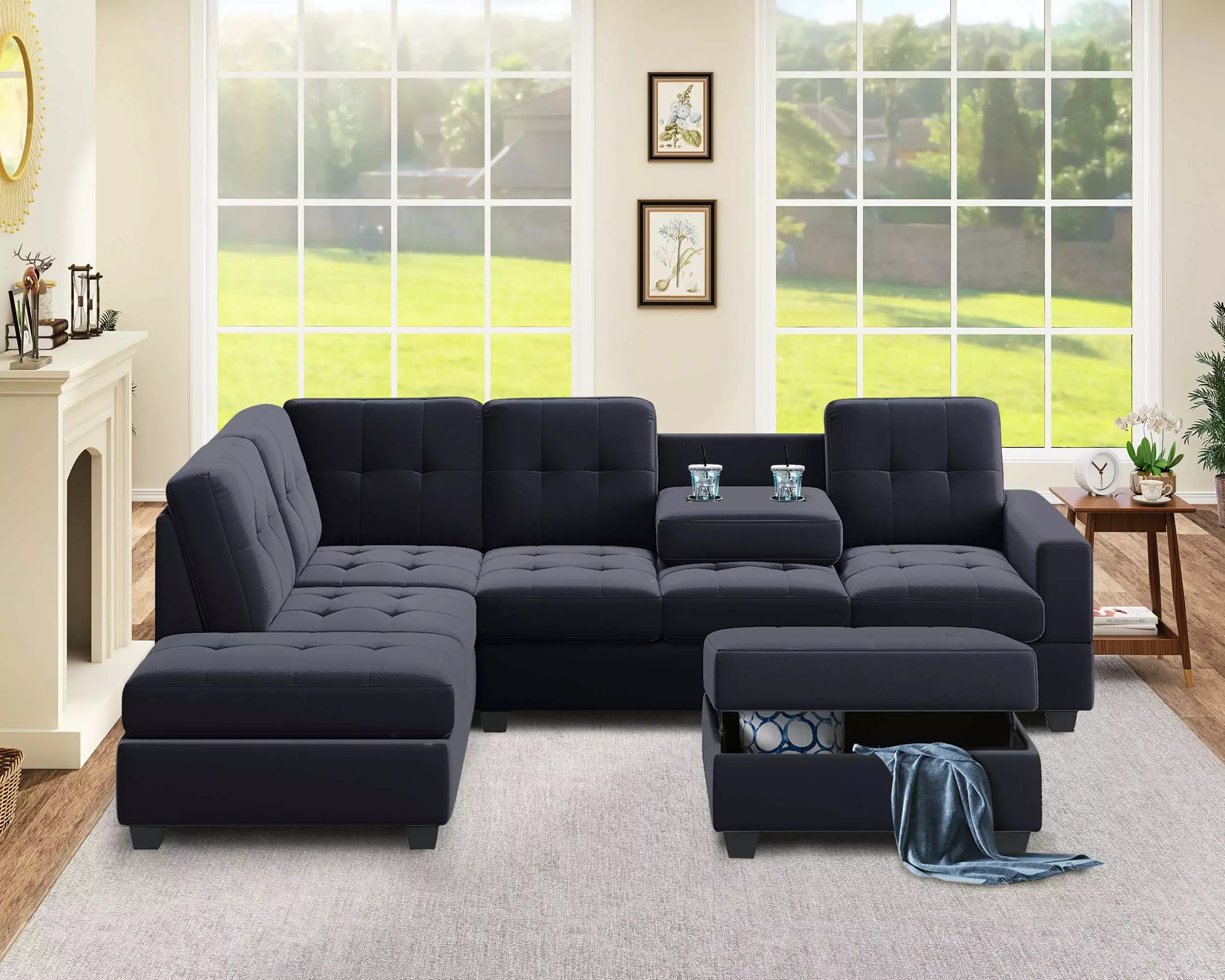 Modern Sectional Sofa With Reversible Chaise. L Shaped Couch Set With Storage Ottoman And Two Cup Holders For Living Room Black