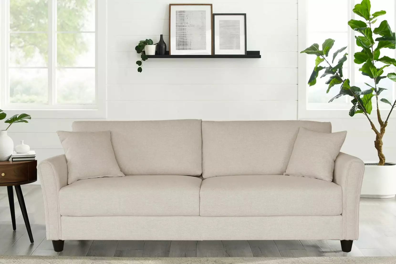 Modern Sofa in Linen. Loveseat Sofa Couch with Backrests and Pillows. Comfy Upholstered Furniture with Solid Wood Frame for Living Room. Apartment. Studio. White