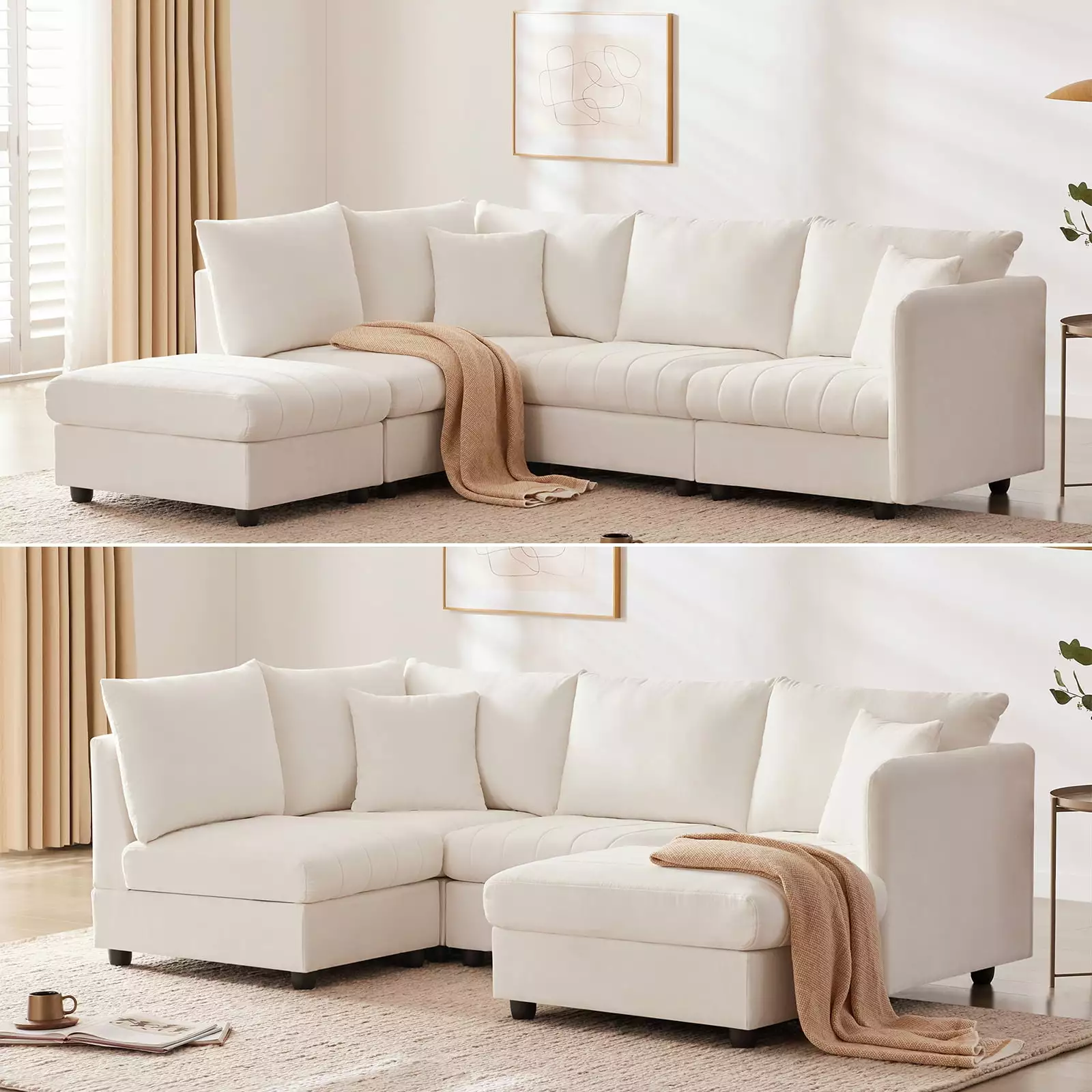 Modern Sofa with Vertical Stripes. 2 Cushions. 5-Seater Sofa with Convertible Ottoman. Various Combinations. L-Shaped Interior Furniture. White