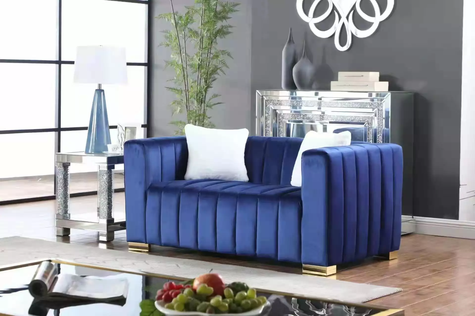 Modern Stylish Navy Blue Chesterfield Channel Sofa Loveseat - A Timeless Classic with a Contemporary Twist for Your Home Decor