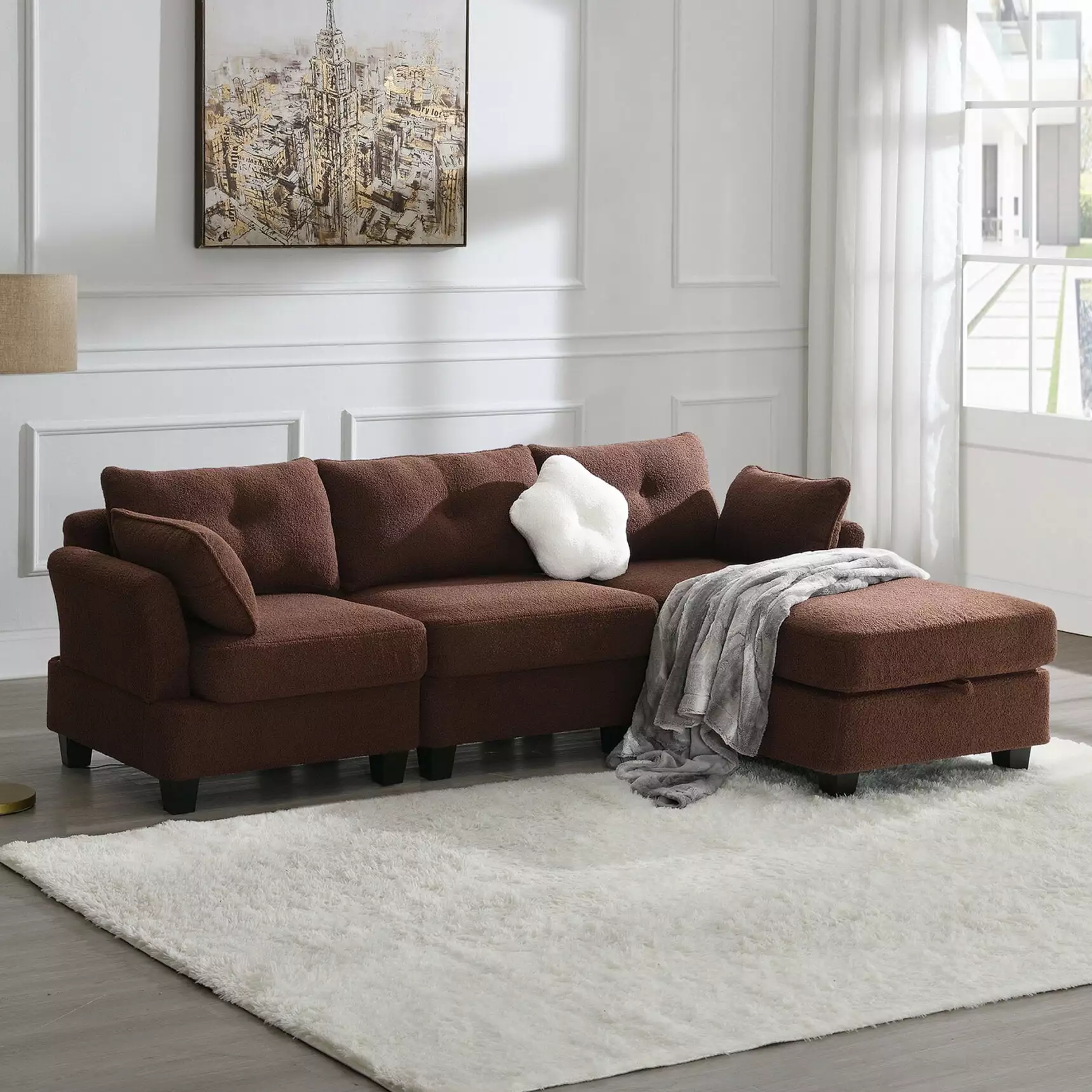 Modern Teddy Velvet 4 Seat Sectional Sofa with 3 Lumbar Pillows. Removable Seat and Backrest. Comfy L-Shaped DIY Storage Couche with Charging Ports on Each Side for Bedroom Apartment. Brown