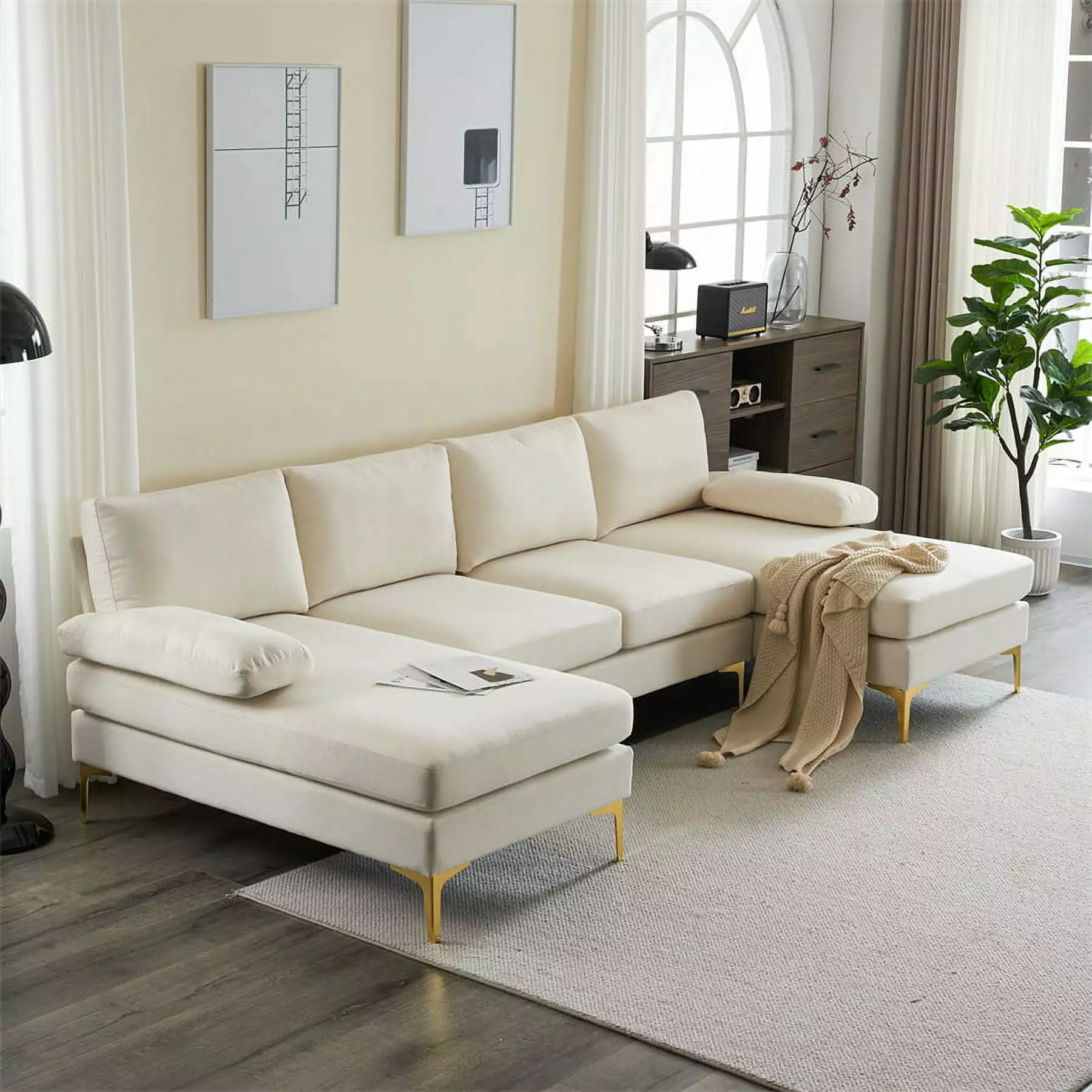 Modern U-Shaped Linen Sofa. 4-Seater Couch Sofa with Wooden Frame and Iron Golden Feet. Indoor Modular Sofa for Living Room. Waiting Room. Apartment and Hotel. Beige