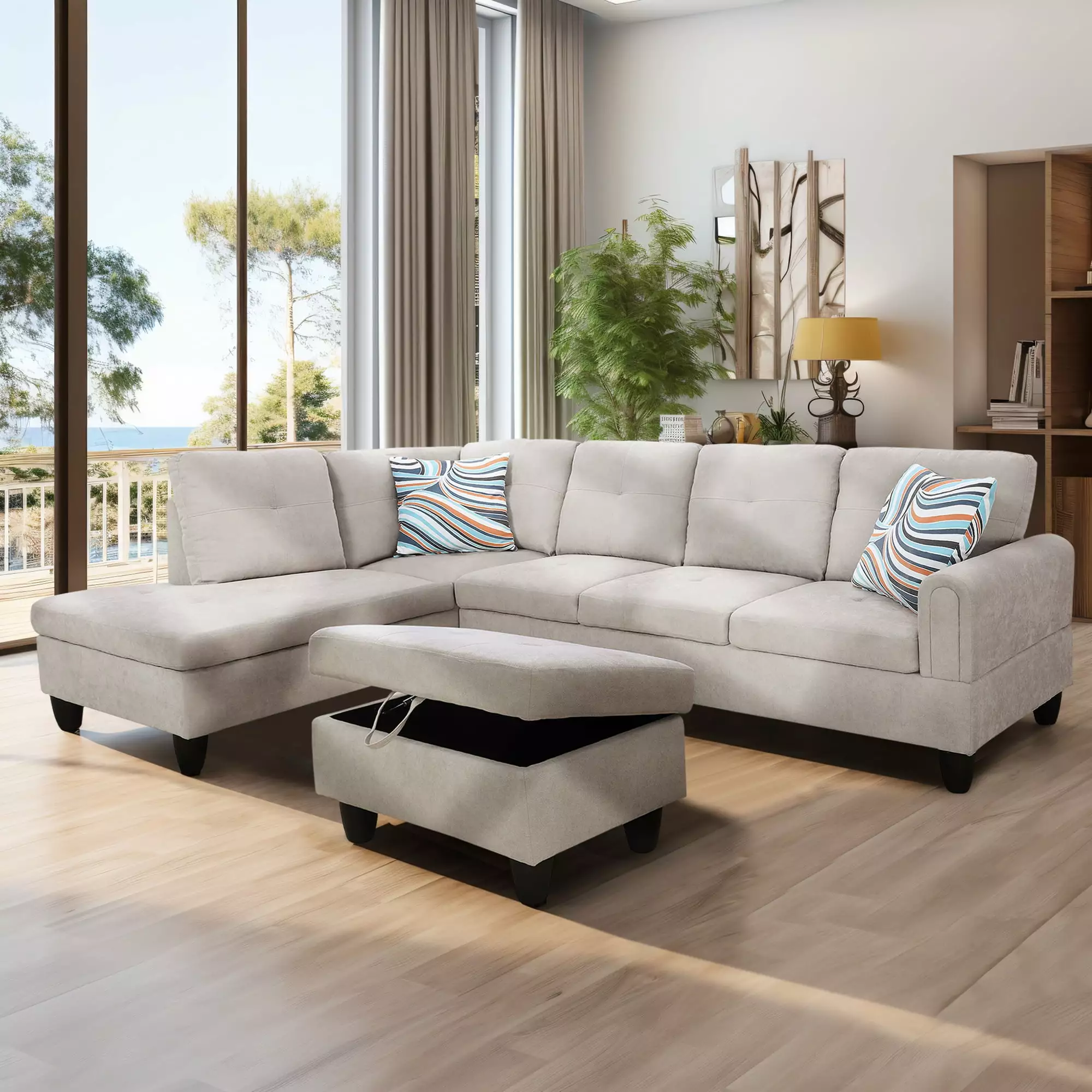 Modern Upholstery Sectional Sofa L-Shape Sofa Convertible Flannel Couch Sofa with Ottoman Chaise. Off-white