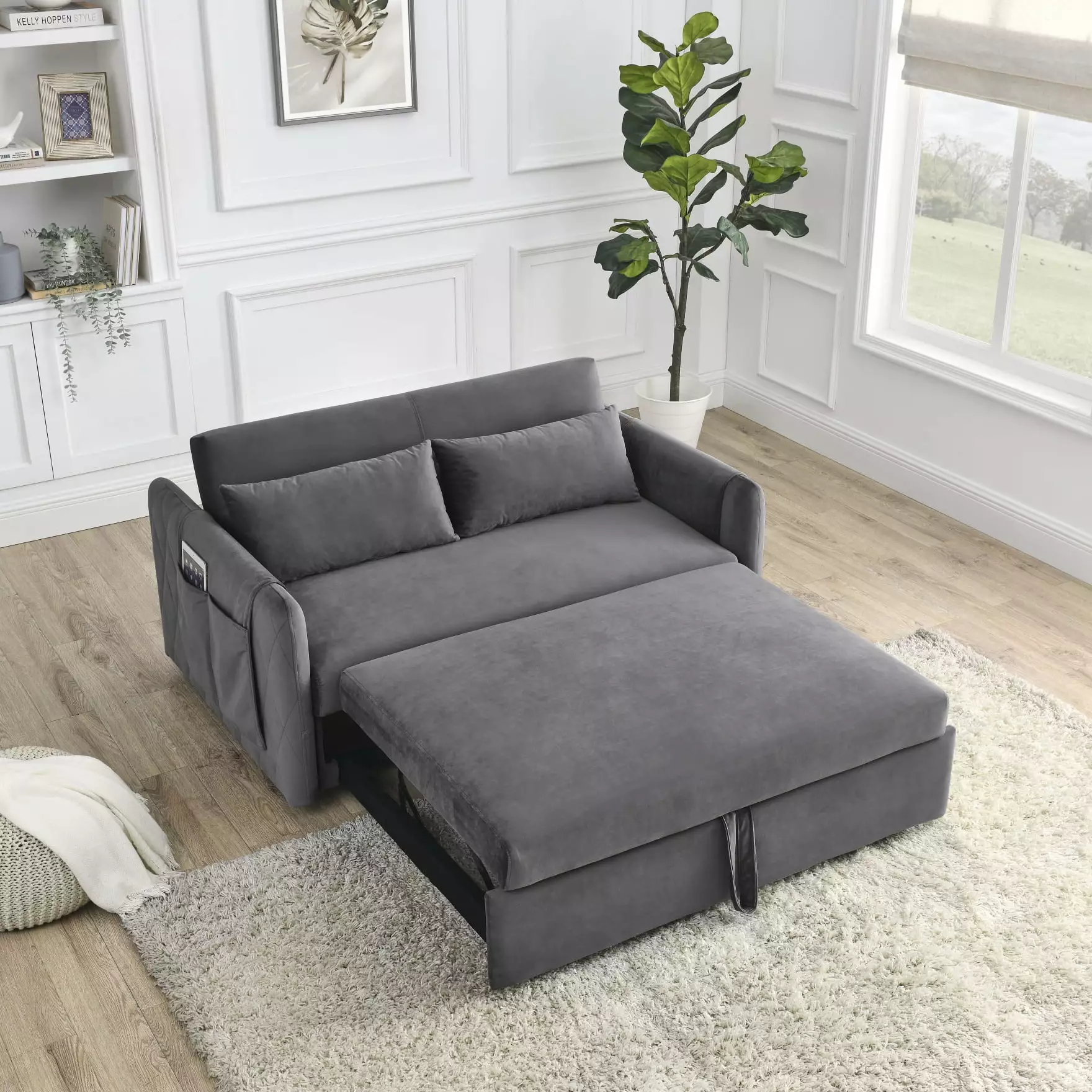 Modern Velvet Convertible Sleeper Sofa Bed with Headboard and 2 Detachable Arm Pockets. Adjustable Loveseat Sofa with 2 Pillows and Grid Design Armrests for Living Room. Bedroom. Dorm. Grey