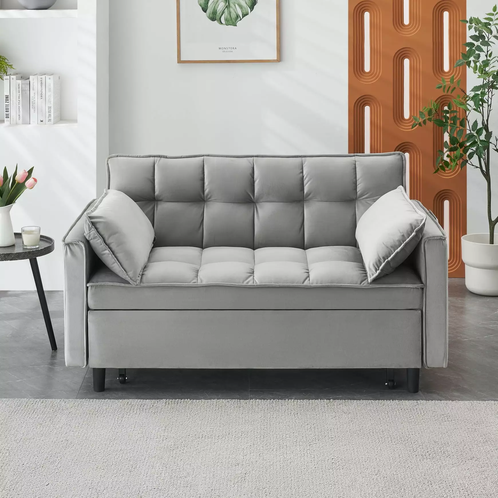 Modern Velvet Futon Sofa Couch with Pull-out Bed. 3-in-1 Convertible Sleeper Sofa Bed with Adjustable Backrest. Storage Pockets and Pillows. Foldable Sofa LoveSeat for Living Room Bedroom. Gray