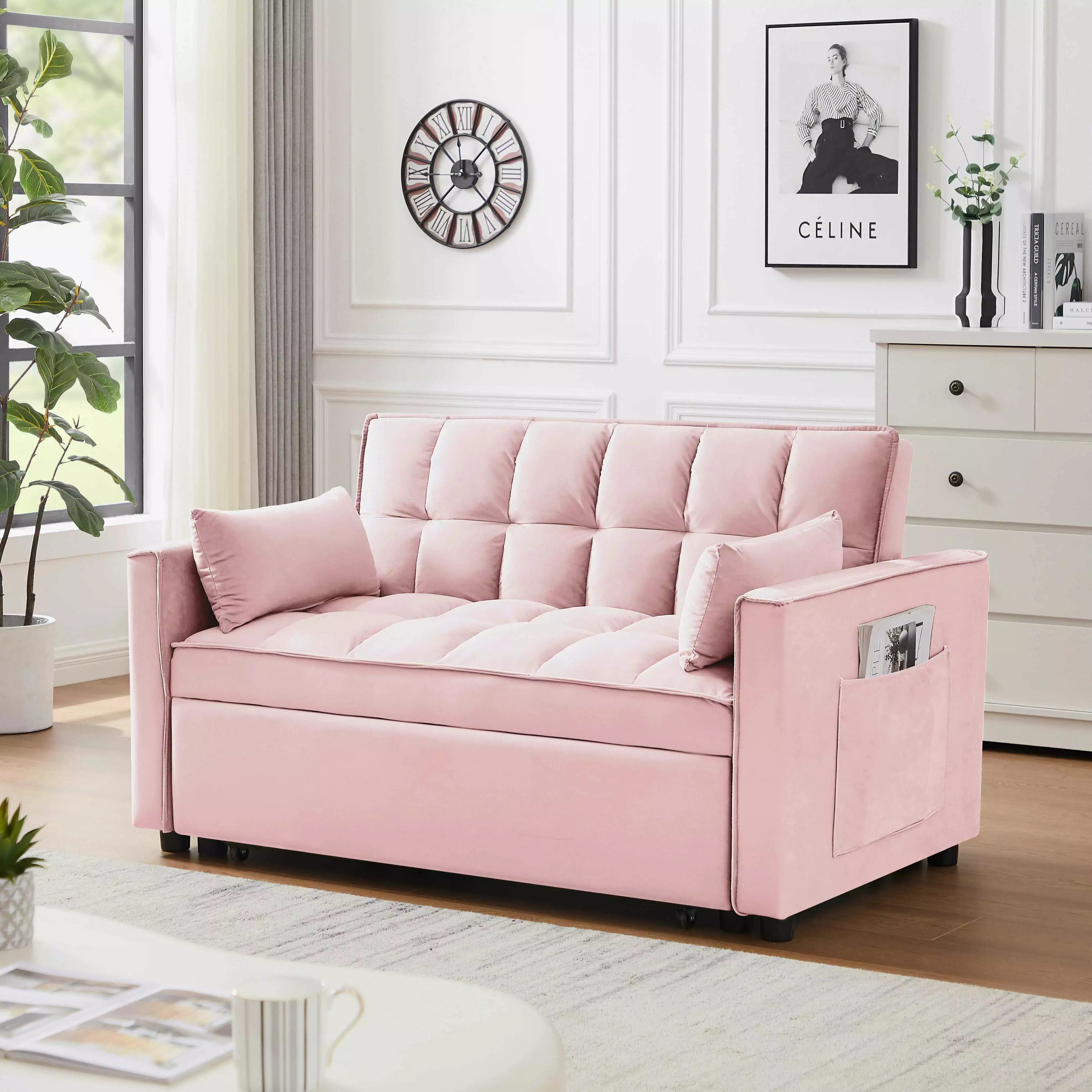 Modern Velvet Loveseat Futon Sofa. Small Love Seat Couch with Reclining Backrest. 3 in 1 Convertible Sleeper Sofa Bed with Toss Pillows and Pockets for Living Room. Pink