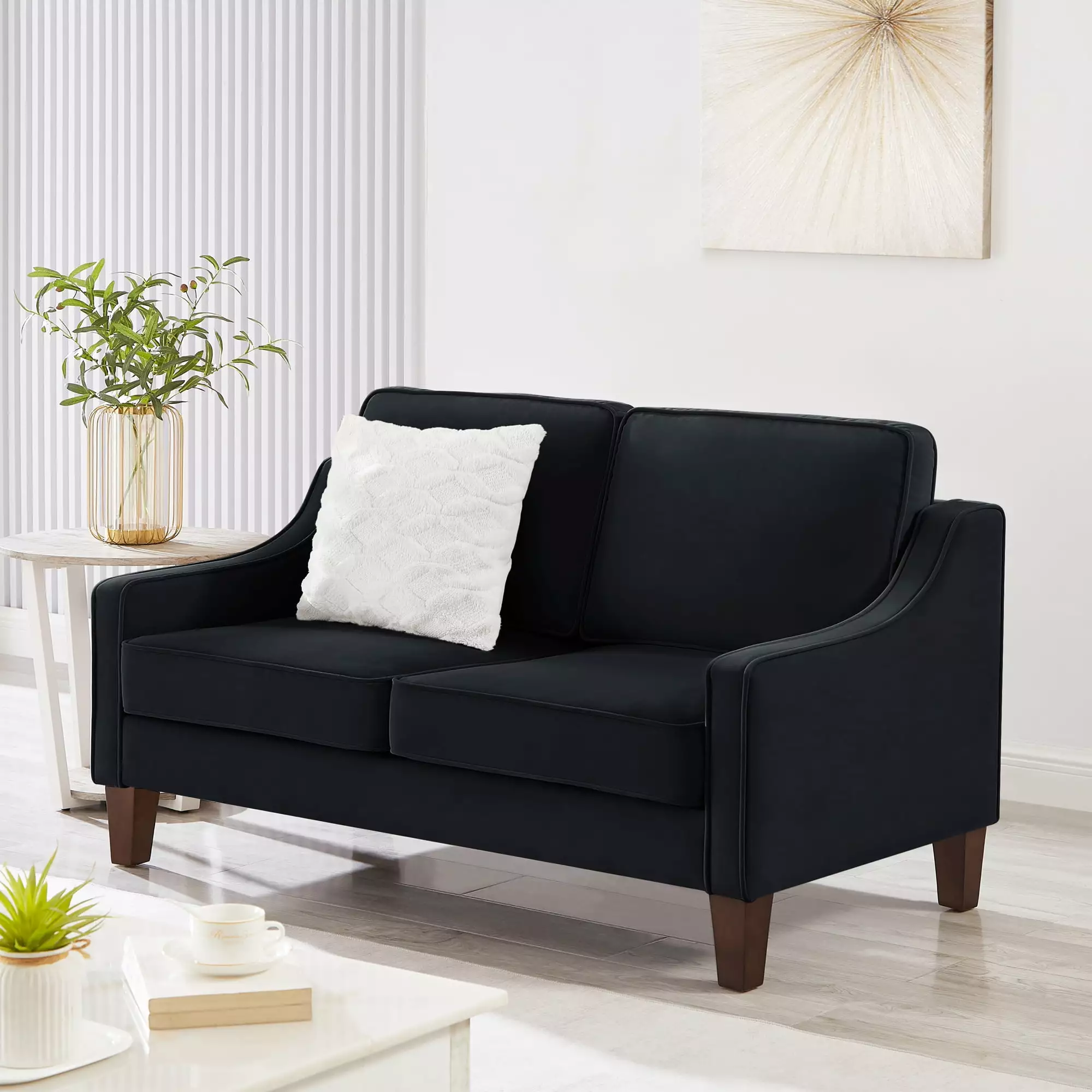 Modern Velvet Loveseat Sofa for Living Room. Upholstered Small Couch with Wooden Legs. Black