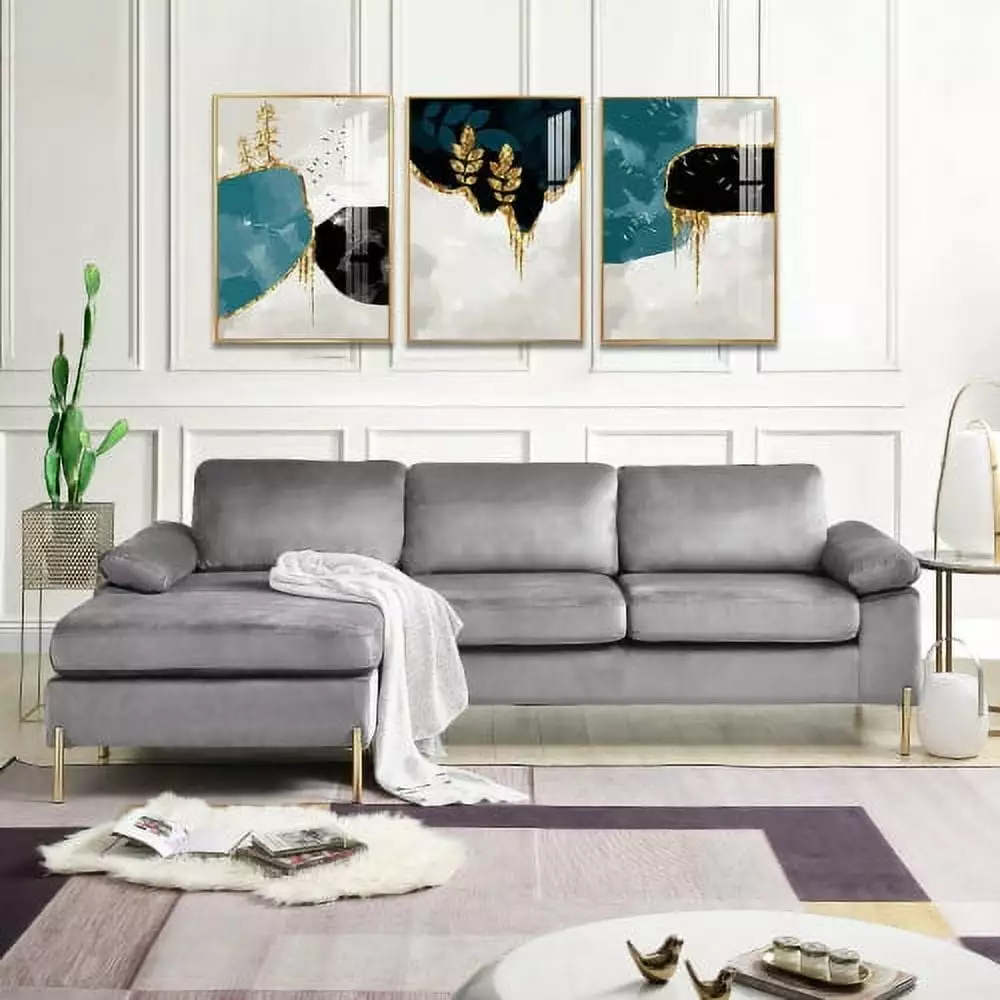 Modern Velvet Sectional Sofa Couch.101W Modern Velvet Fabric L-Shaped 3-Seat Sofa Sectional with Chaise for Living Room.Gray