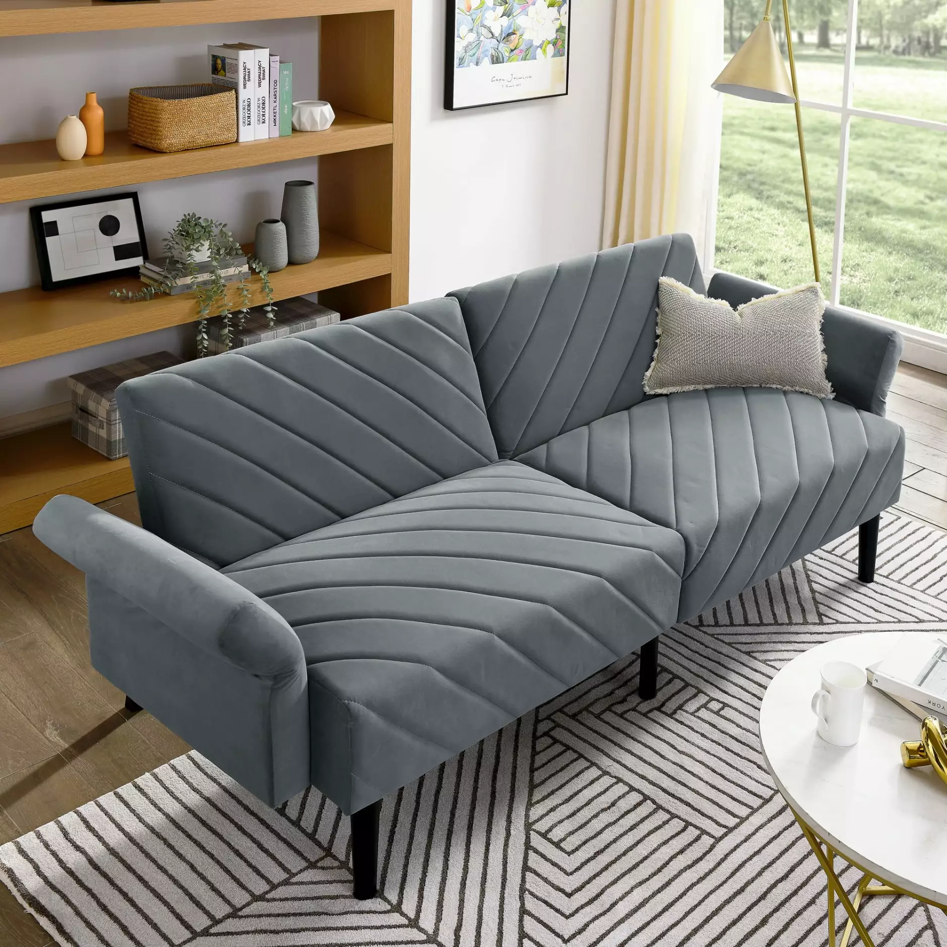 Modern Velvet Sofa Bed. Convertible Folding 2-Seater Futon Couch with Adjustable Backrest&Armrests. Tufted Loveseat for Living Room. Dorm. Apartment. Bedroom. Grey