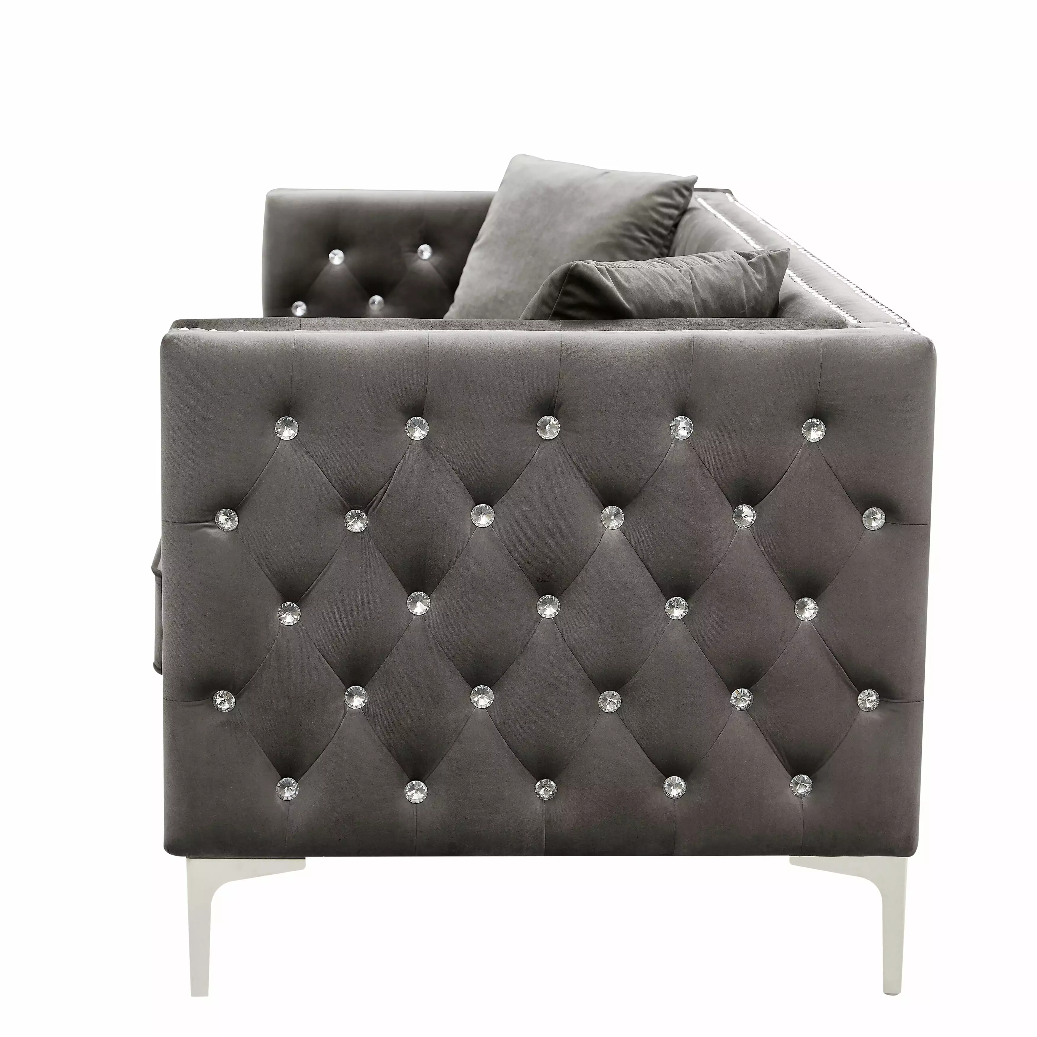 Modern Velvet Sofa Jeweled Buttons Tufted Square Arm Couch Grey