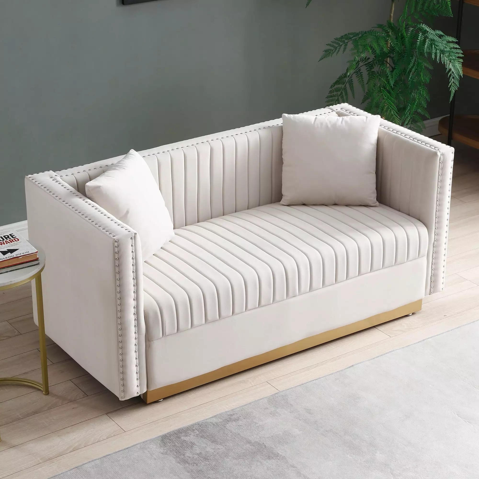 Modern Velvet Upholstered Sofa. 2 Seater Tufted Couch Loveseat with 2 Pillows and Nailhead Trims for Living Room Apartment Office