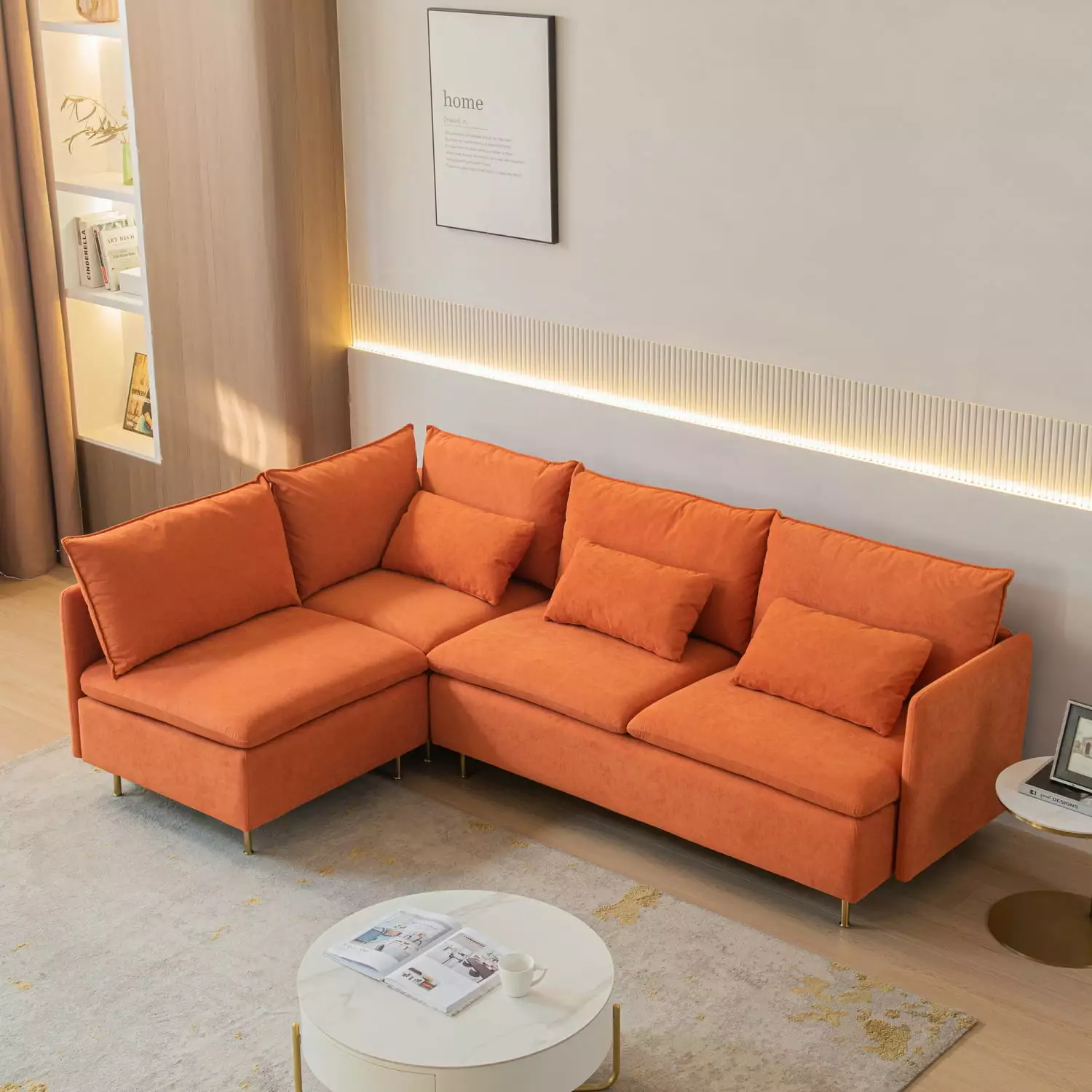 - Modern and Stylish Modular L-shaped Corner Sofa with Left Hand Facing Sectional Design in Vibrant Orange Cotton Linen Fabric - 90.9 Inches