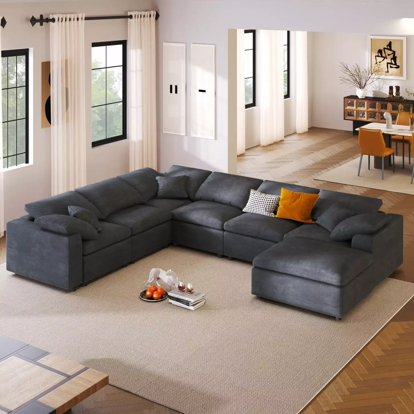 Modern large U-shaped Modular Sectional Sofa Couch. L-shaped Corner Combined Sofa with Reversible Chaise for Living Room Apartment Office. Gray