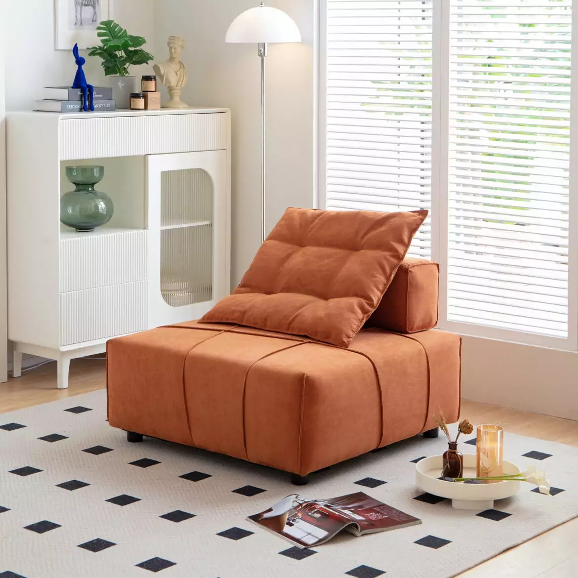 Modular Armless Fold Sofa Bed. Modern Linen Sleeper Sofa Couch with One Pillow.Tufted Sectional Sofa Floor Single Couch with Padded Cushion for Living Room. Bedroom. Apartment.Caramel