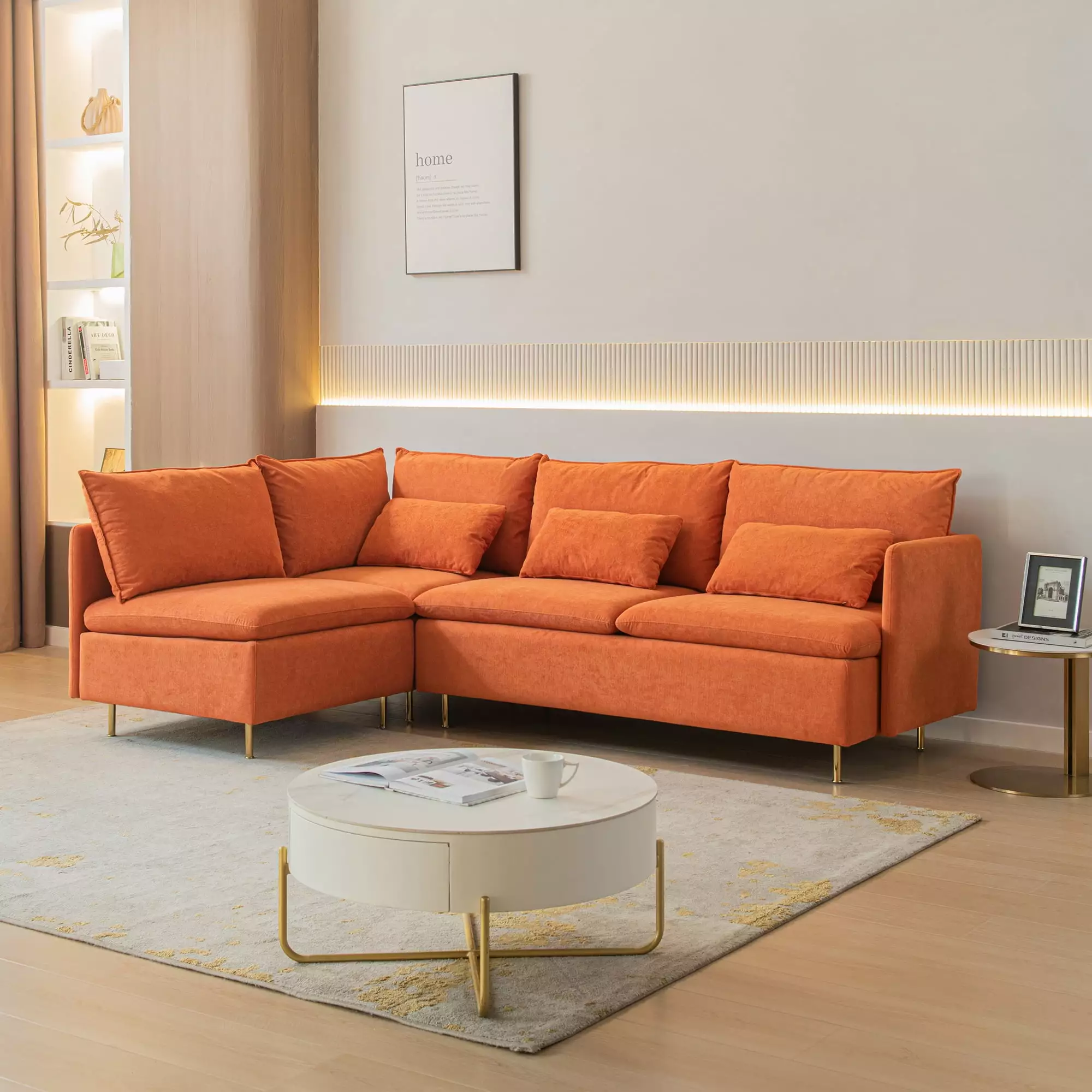 Modular L-shaped Corner sofa .Left Hand Facing Sectional Couch.Orange Cotton Linen-90.9''