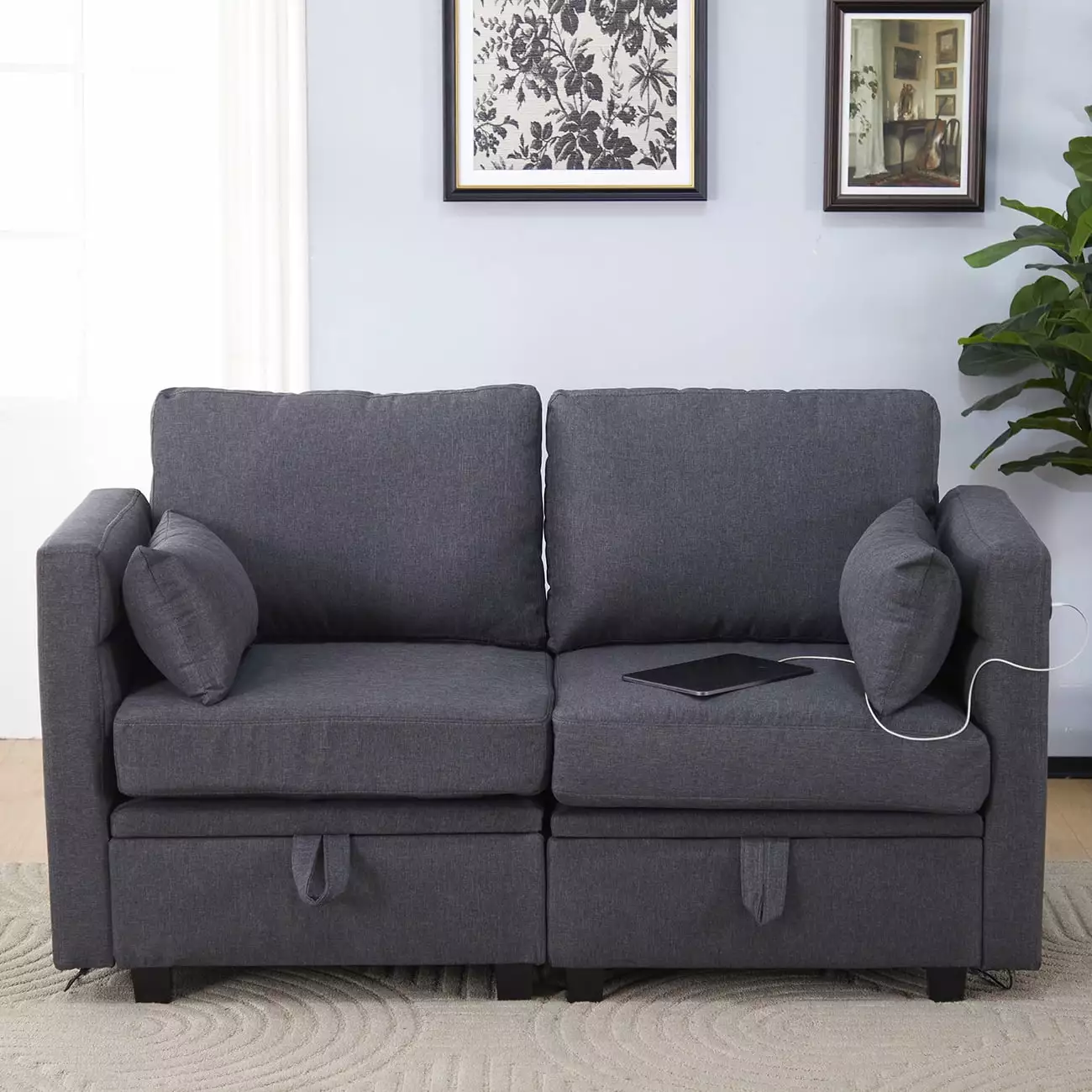 Modular Loveseat with Storage Sectional Sofa for Small Spaces with USB Charging Station Ports for Small Space Storage Seat Modern Fabric