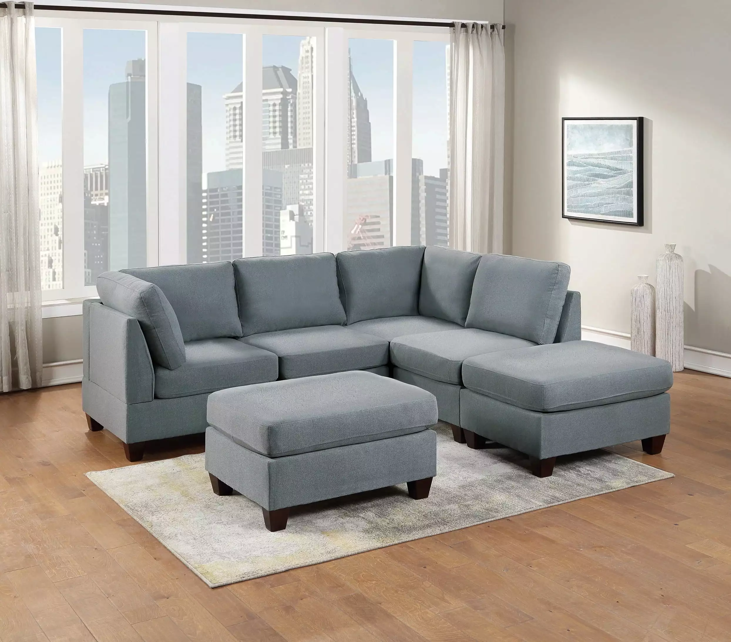 Modular Sectional 6pc Set Living Room Furniture L-Sectional Grey Linen Like Fabric 2x Corner Wedge 2x Armless Chairs and 2x Ottomans