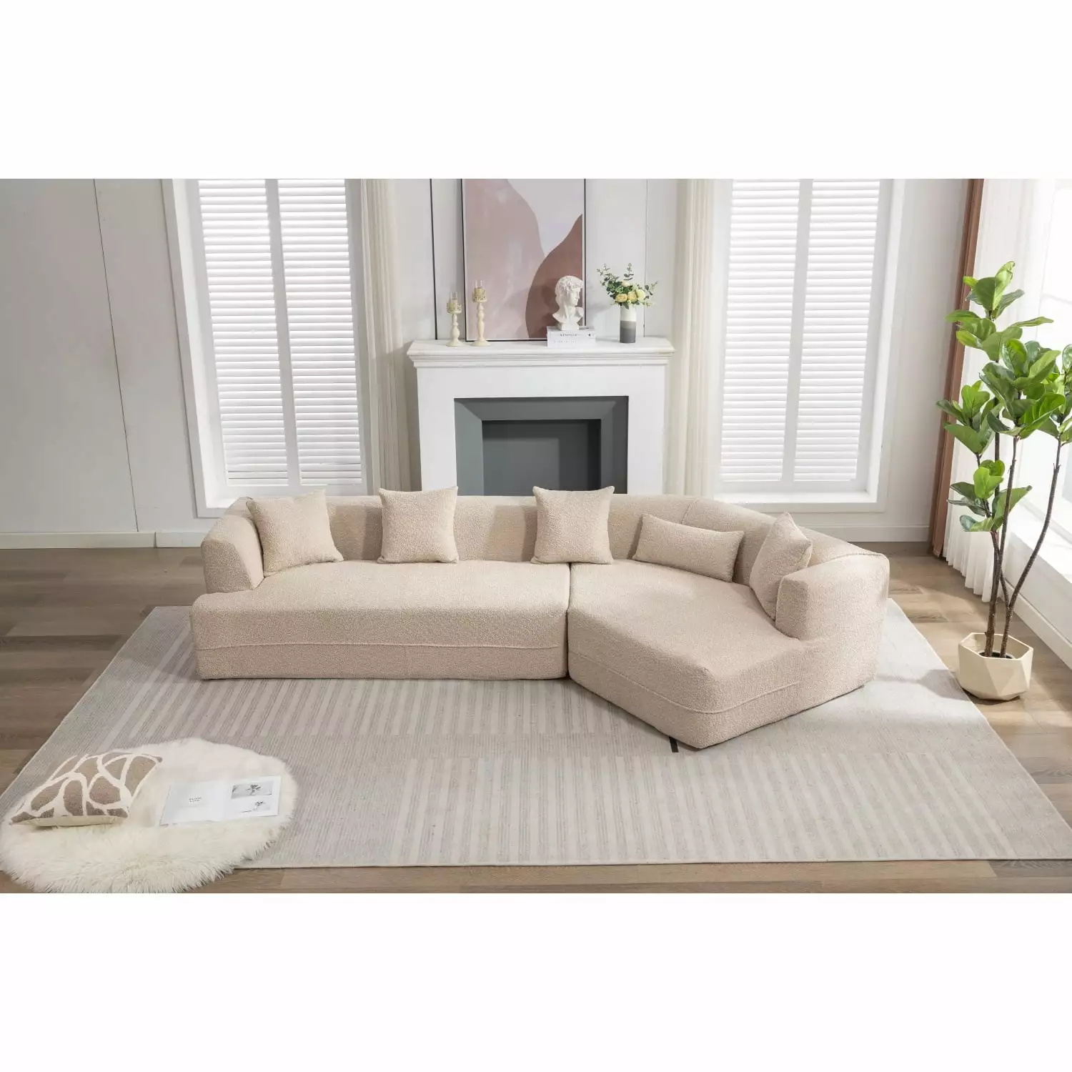 Modular Sectional Living Room Sofa Set - Modern Minimalist Style Couch - Light Brown Boucle Fabric - Upholstered Sleeper Sofa - 2 PC Free Combination