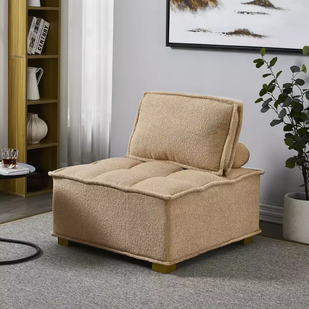 Modular Sectional Single Sofa Couch. Accent Armless Chair with Removable Back Cushion for Living Room. Apartment. Small Space. teddy fabric khaki