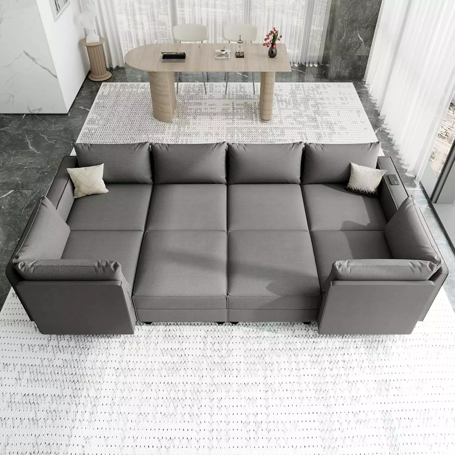 Modular Sectional Sleeper Sofa. Convertible Sectional Couches for Living Room. Breathable Linen Fabric Sofa. with 6 Extra Deep Seats and 2 Storage Ottomans. Washable. Removable. Dark Grey