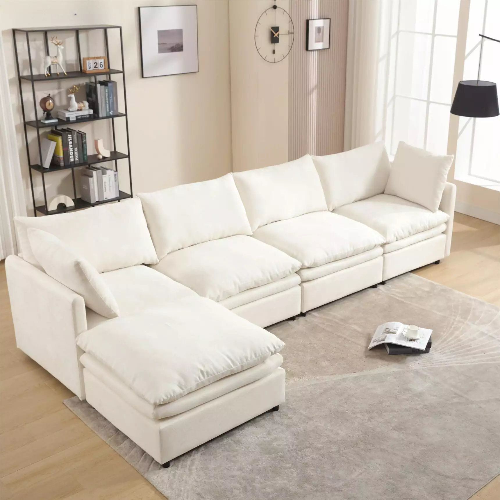 Modular Sectional Sofa. 129.92 Oversized U Shaped Couch with Removable Ottoman and Soft Seat Cushion. Modern 5 Seat Deep Seat Sofa for Living Room. Apartment. Beige