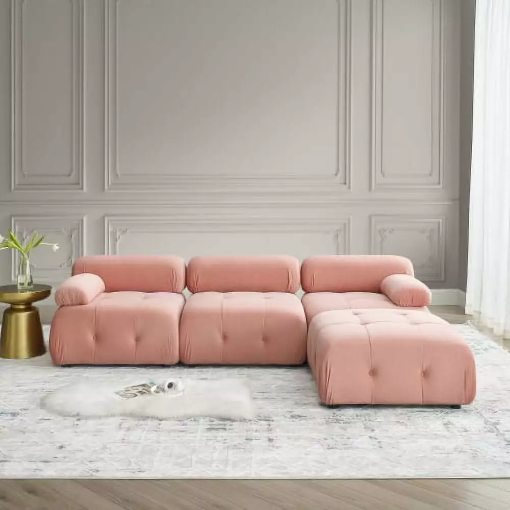 Modular Sectional Sofa. Button Tufted Designed and DIY Combination.L Shaped Couch with Reversible Ottoman. Pink Velvet