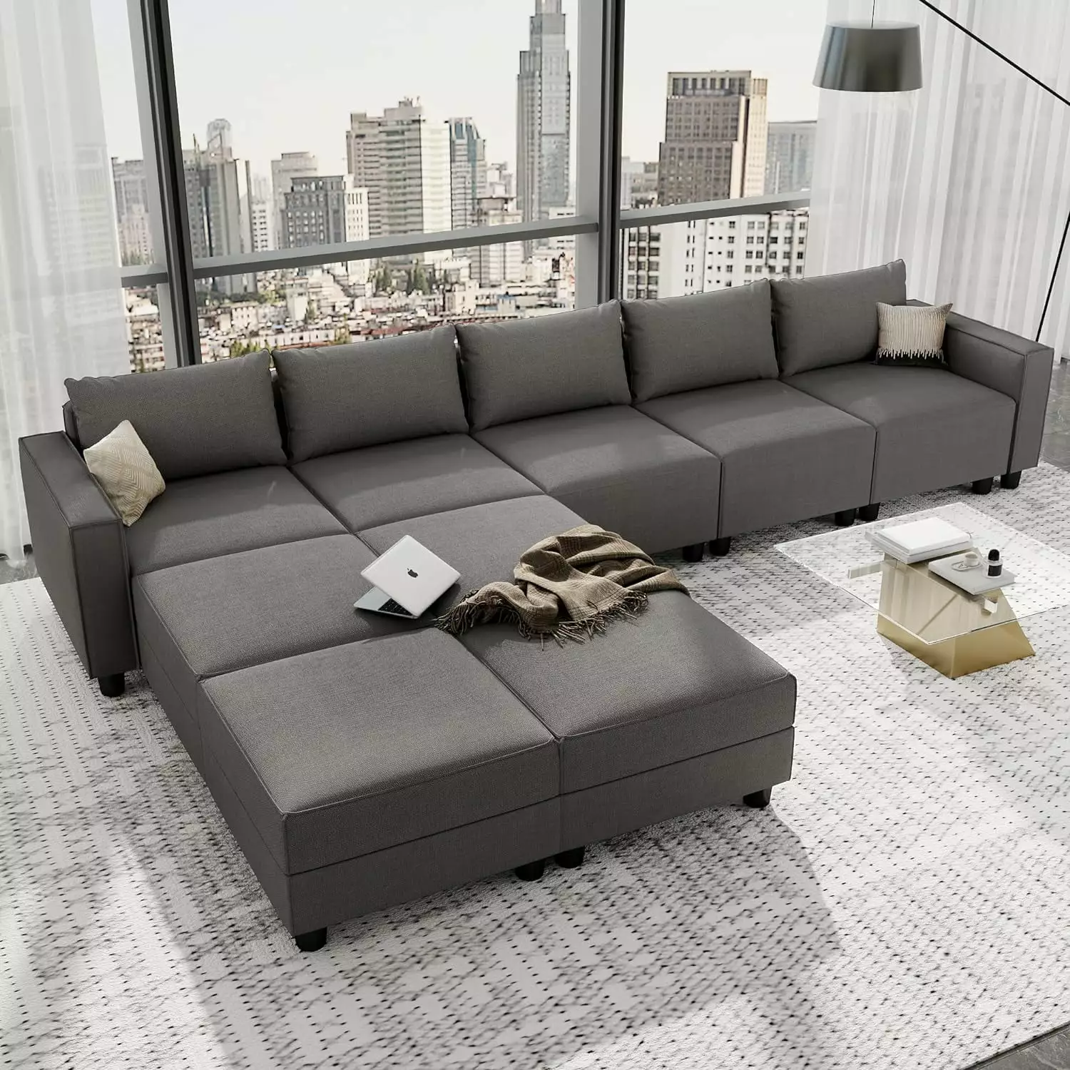 Modular Sectional Sofa. Convertible L Shaped Sofas Couch. Couches for Living Room. Breathable Linen Fabric Sofa with 5 Extra Deep Seats. 4 Storage Ottomans. Washable. Removable. Dark Grey