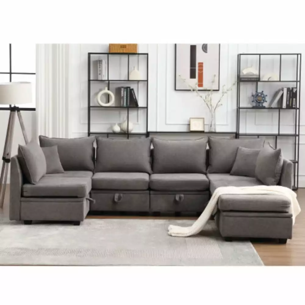 Modular Sectional Sofa. Convertible U Shaped Sofa Couch with Storage. 7 Seat Sleeper Sectional Sofa Set. Flexible Modular Combinations Fabric Couch for Living Room (Grey. 7 Seat Sofa)