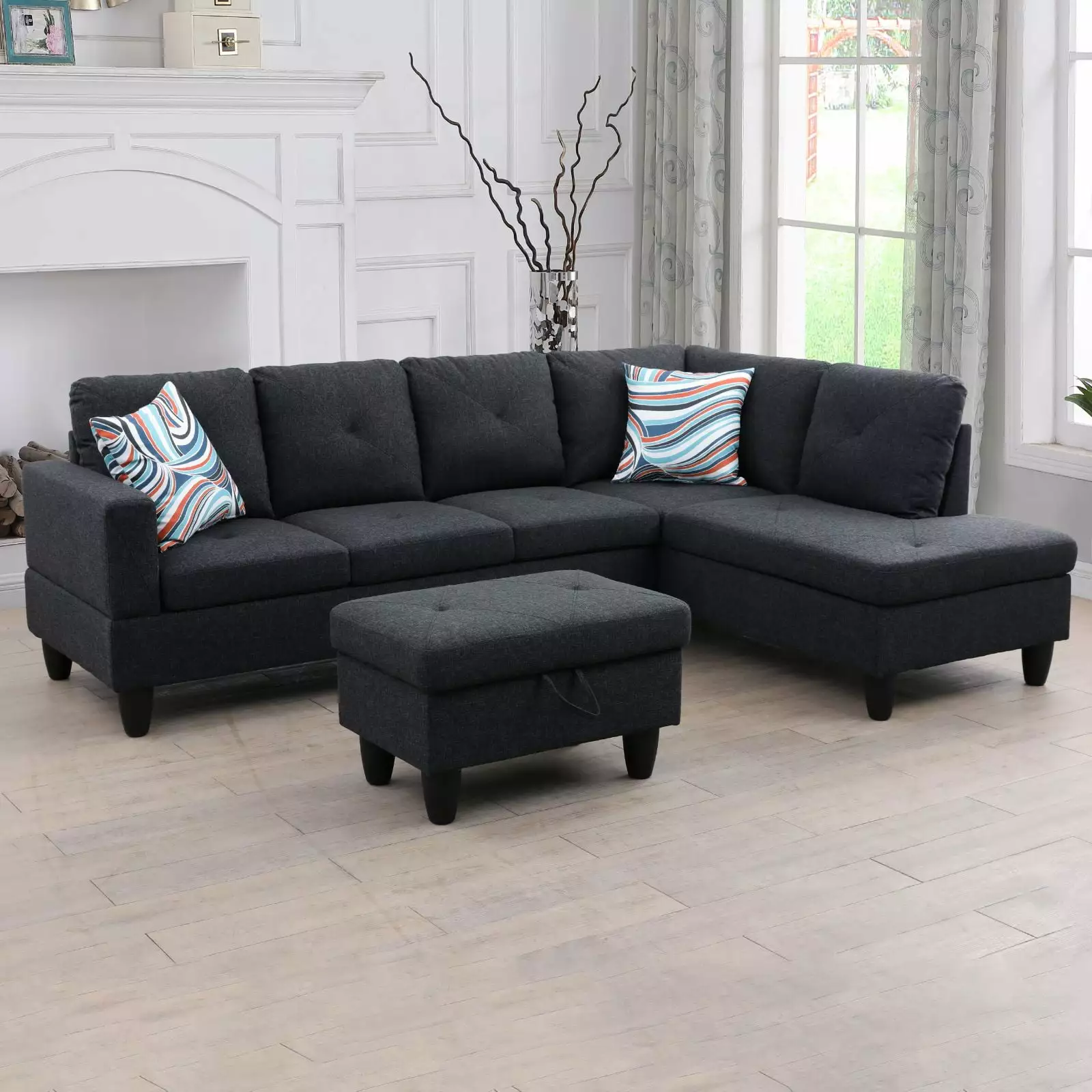 Modular Sectional Sofa. L Shaped Sofa Couch with Storage and 2 Pillows. Modular Sectionals .4 Seat Sofa Couch with Chaise for Living Room. Office. Gallery Black Grey .Right Chaise